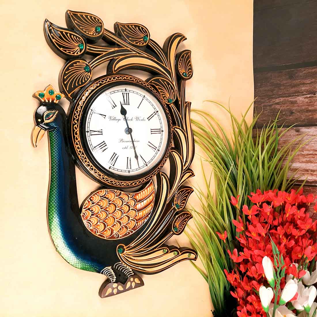 Peacock Wall Clock - Wood Wall Clock - For Living Room - 18 Inch- Apkamart