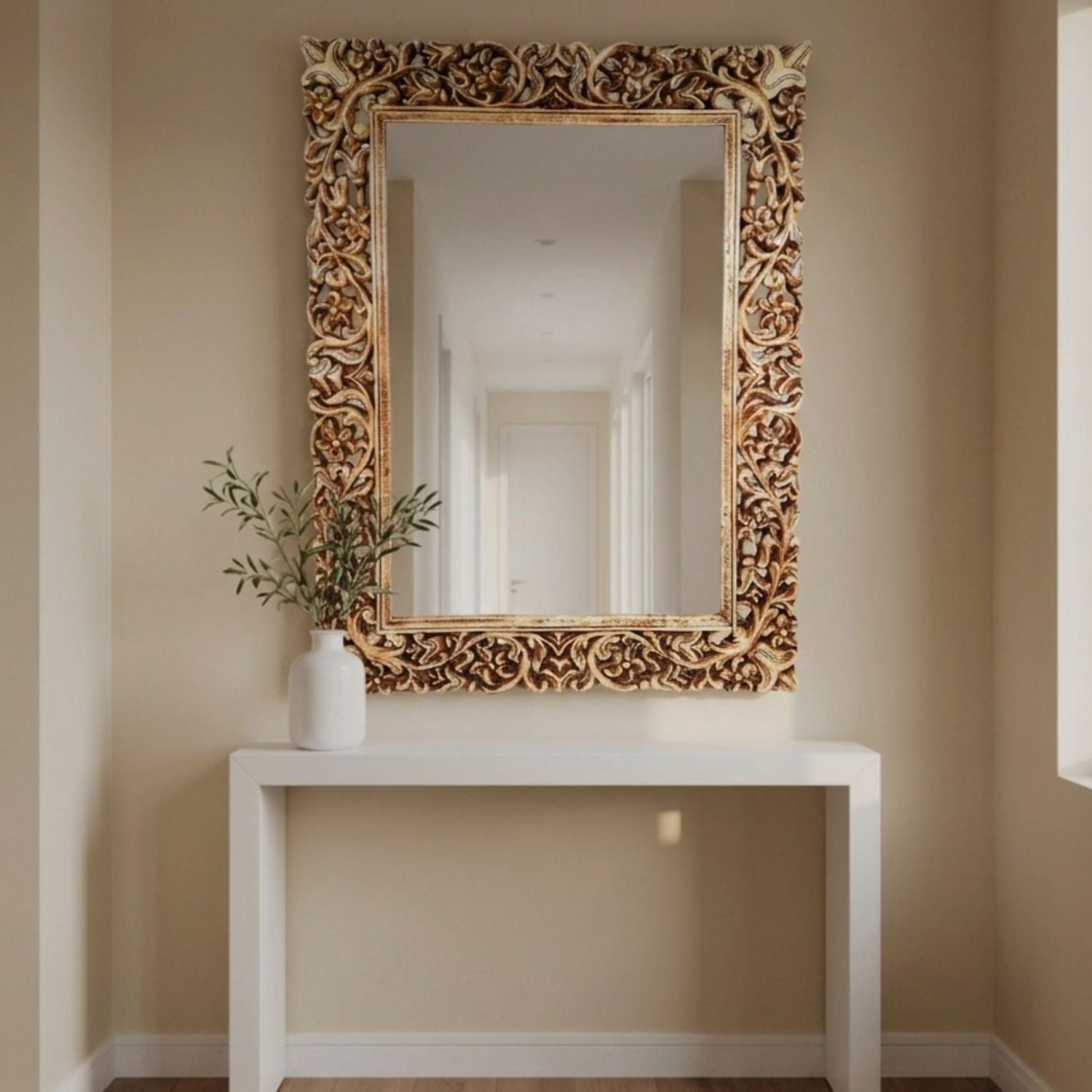 Wooden Jharokha Mirror Frame | Rajasthani Wall Decor - 47 Inch