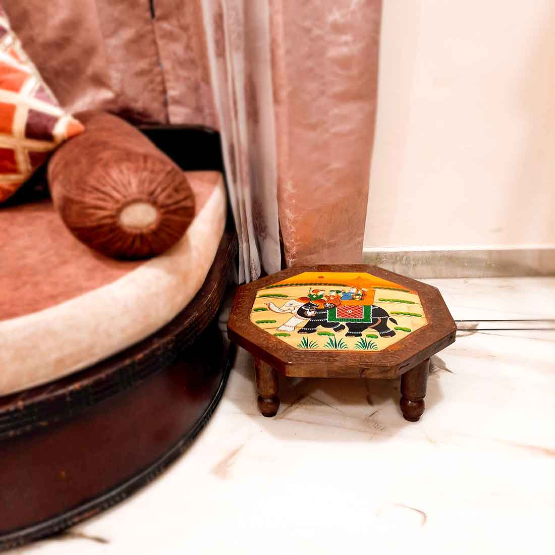 Wood Chowki Bajot - Chowki Table For Sitting & Home decor - 18 Inch - Apkamart #style_pack of 2