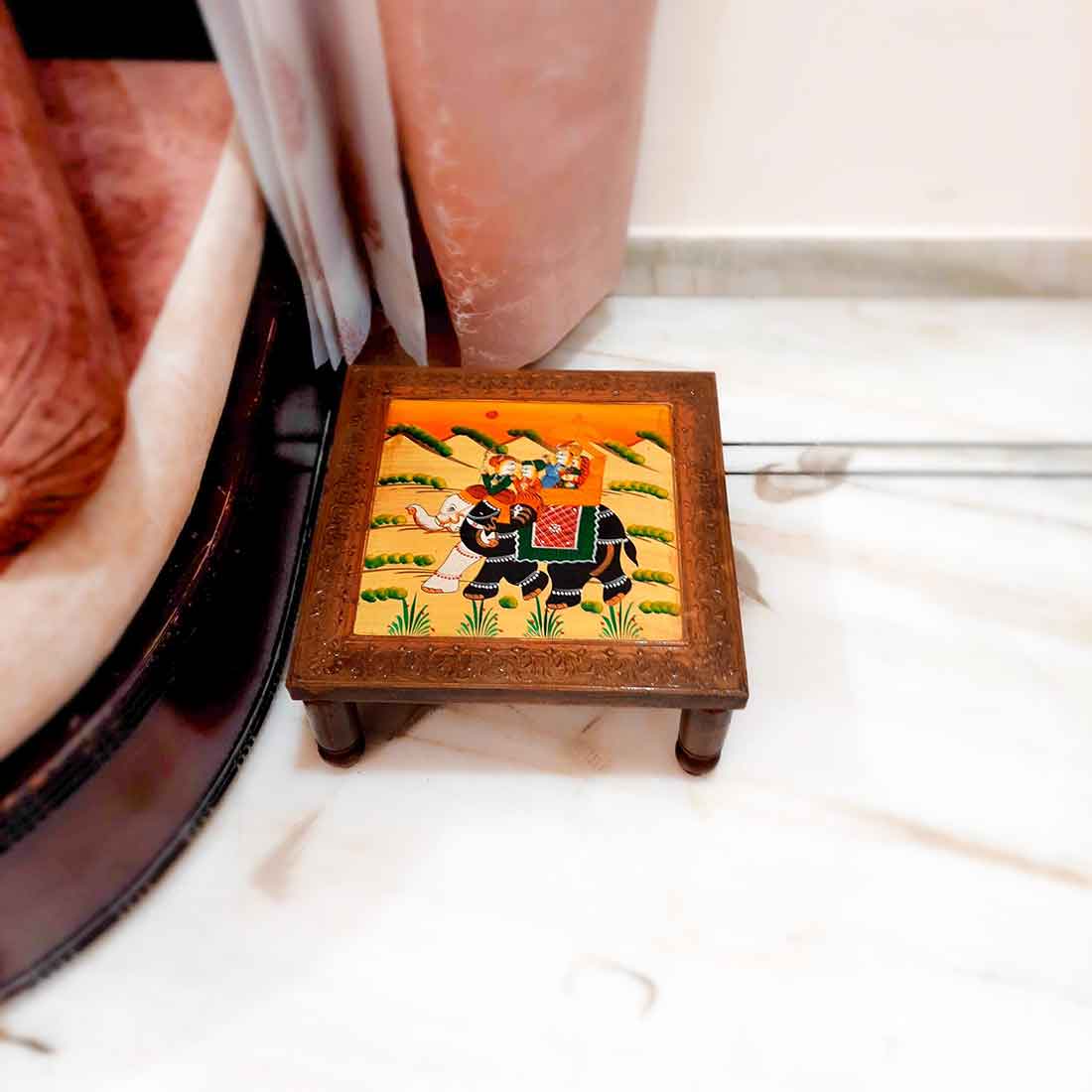 Wooden Bajot | Chowki with Handpainting - For Sitting & Home Decor -15 Inch - ApkaMart #style_Pack of 1