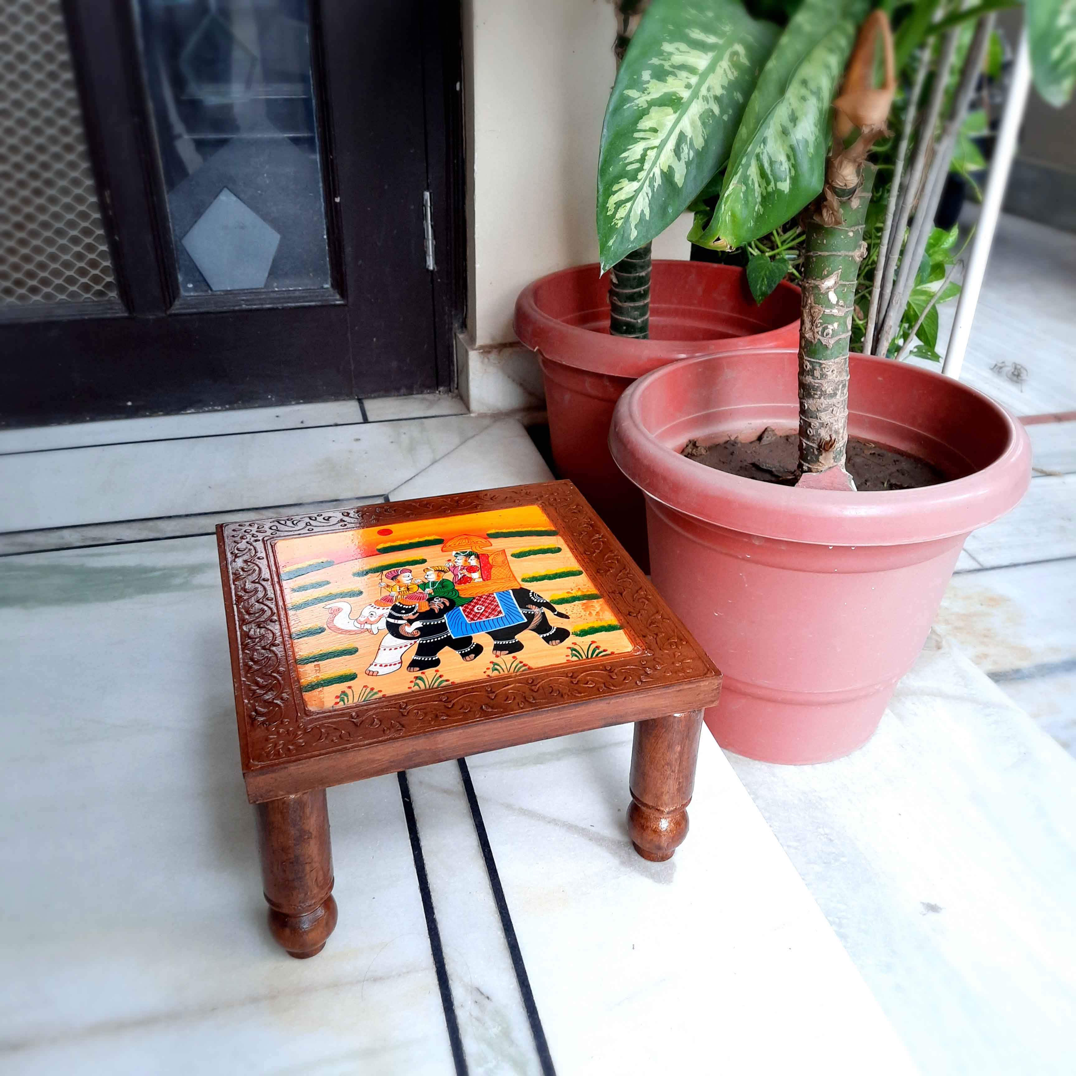 Wooden Bajot | Chowki Table - For Home Decor & Sitting - 12 Inch - Apkamart #Style_Pack of 1