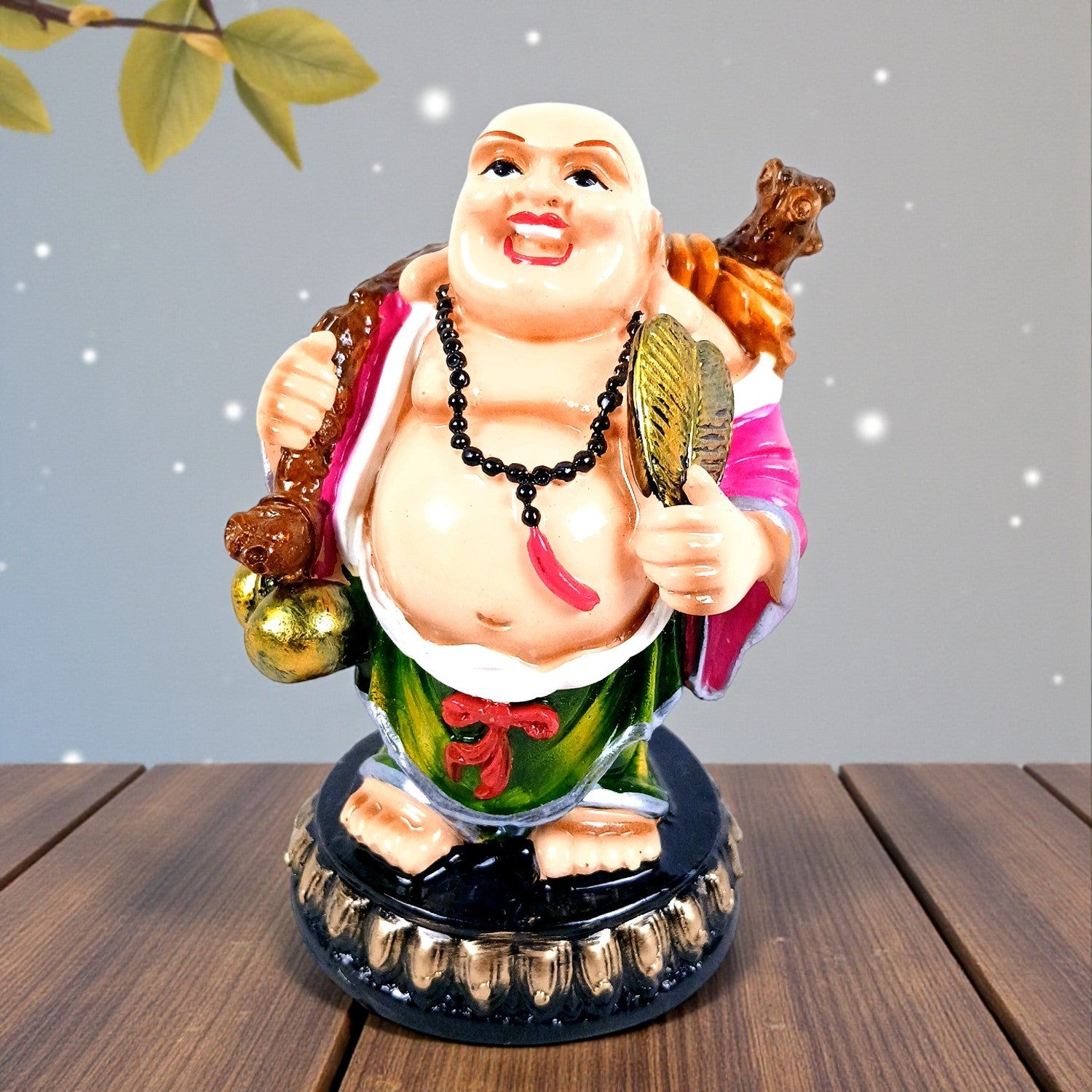 Laughing Buddha Statue with Fan | Buddha Showpiece with Money Bag for Wealth | For Home, Table & Office Decor & Gift - Protect From negative energy & problems - 6 Inch - Apkamart