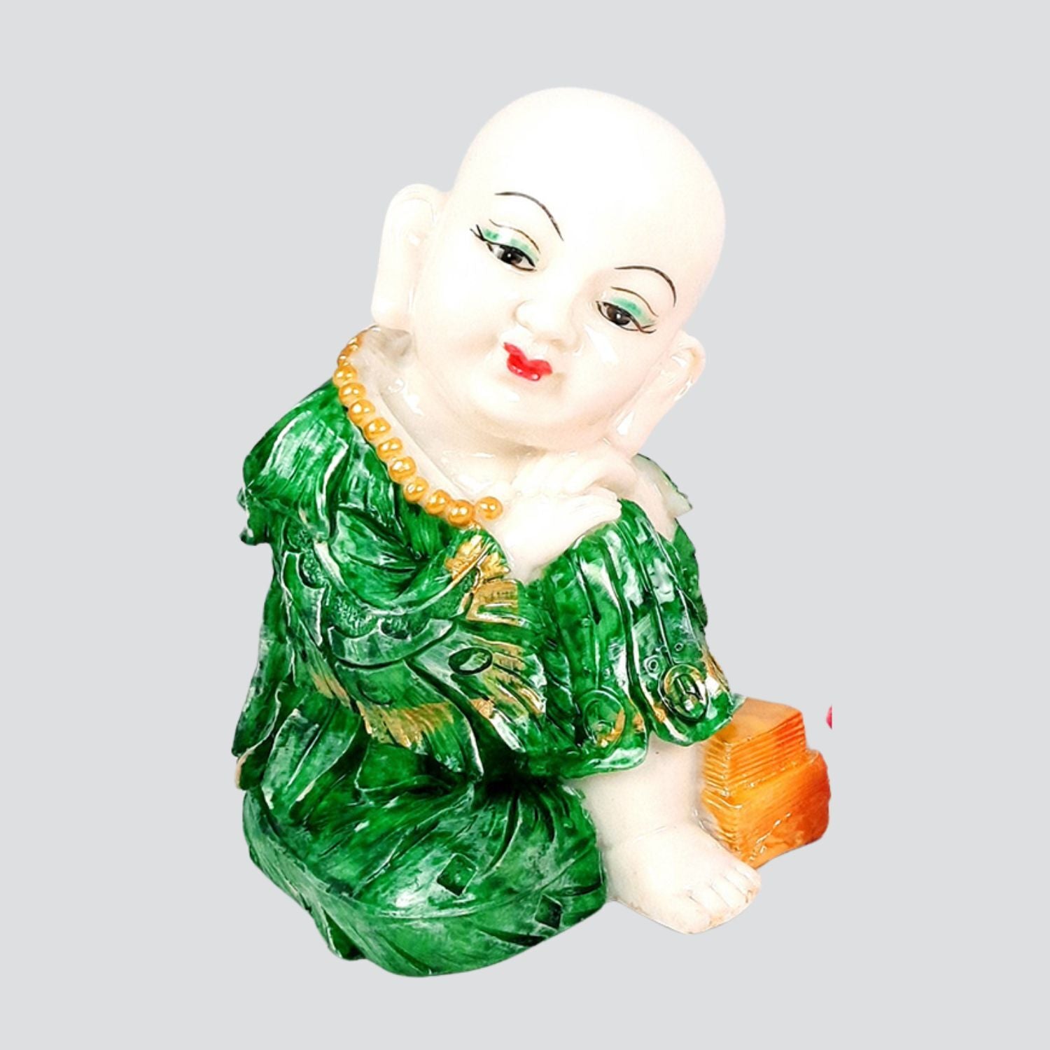 Buddha Monk Showpiece Set | Feng Shui Child Monk Statue - for Home & Table Decor, Health, Wealth & Gift - 9 Inch - Apkamart #Colour_Green