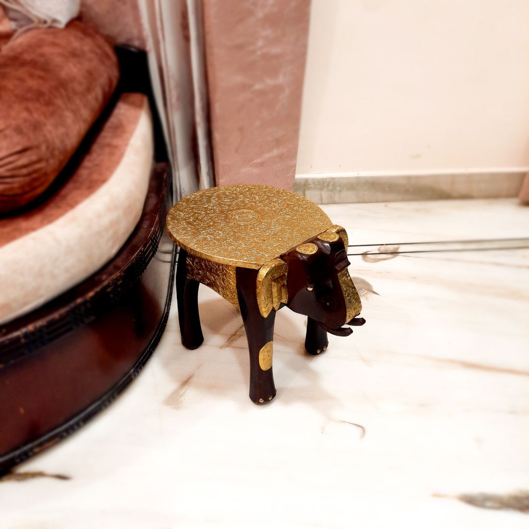 Elephant Design Brass Corner Table | Bed Side Table for Small Spaces - 12 Inch- Apkamart #Style_Style 1