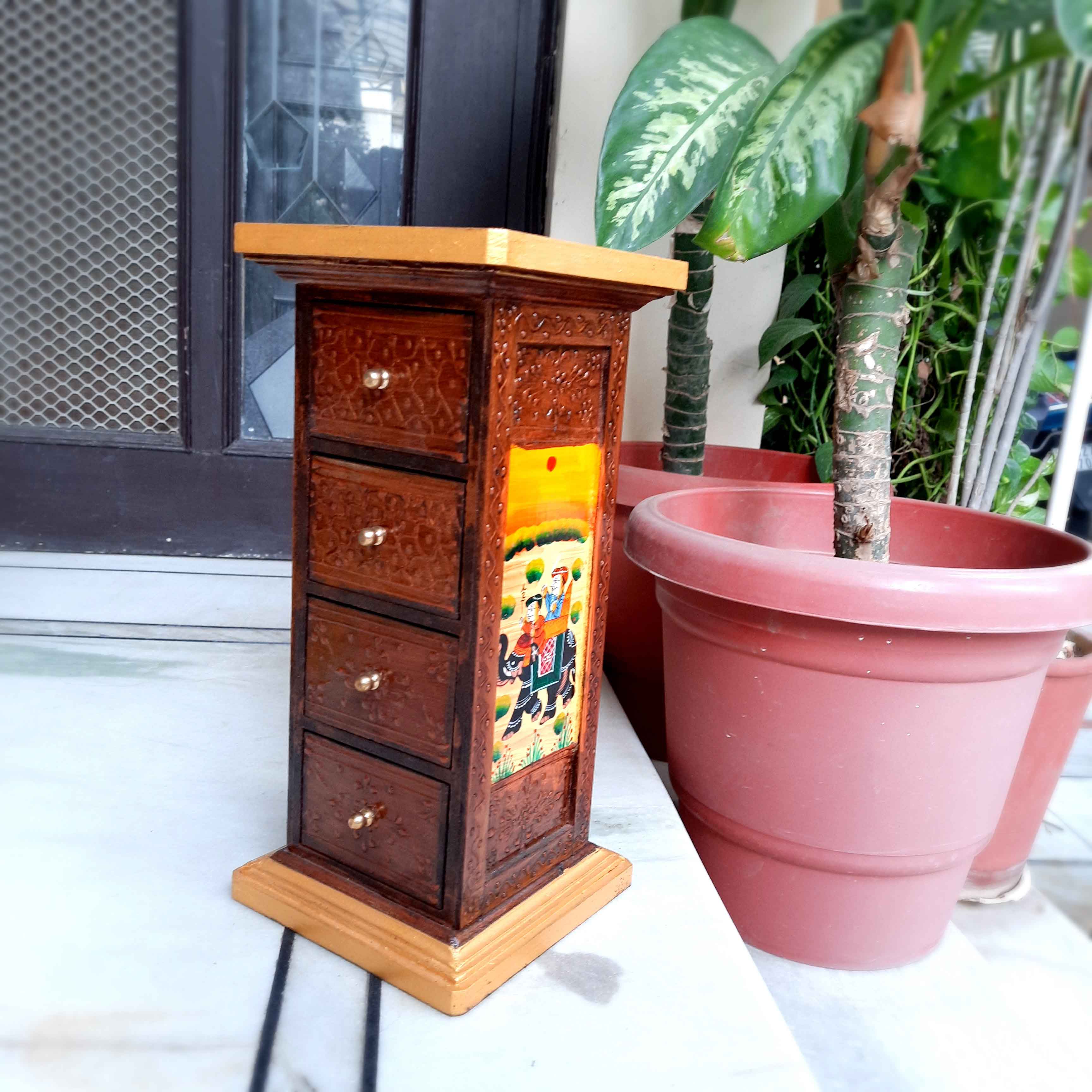 Jewellery Box | Decorative Box - 4 Drawers - For Earring & Necklace - 15 Inch - Apkamart#Color_Brown