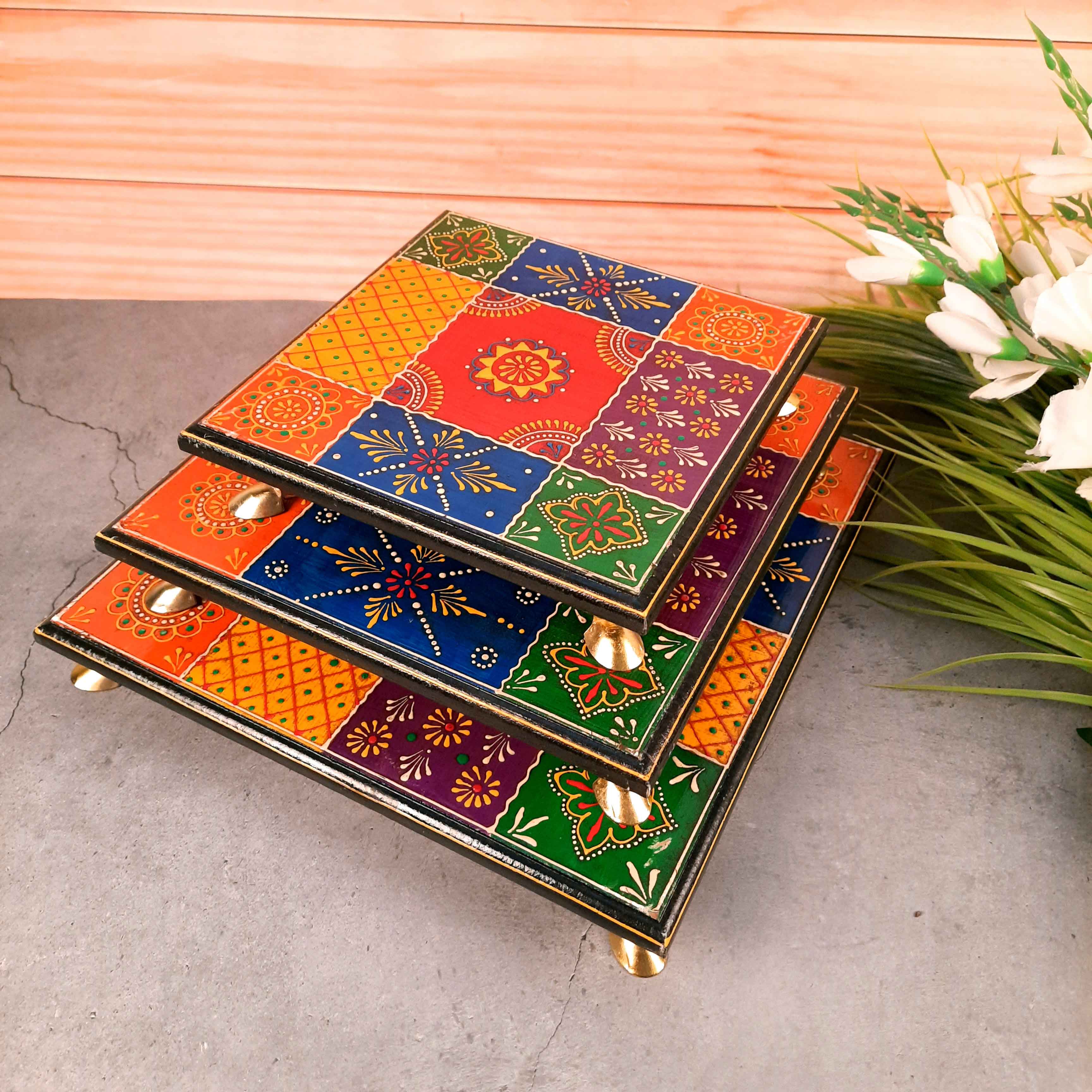 Puja Chowki Bajot | Wooden Chauki - For Pooja & Gifts - 8,10 & 12 Inch - Set of 3 - Apkamart #Style_Design 2