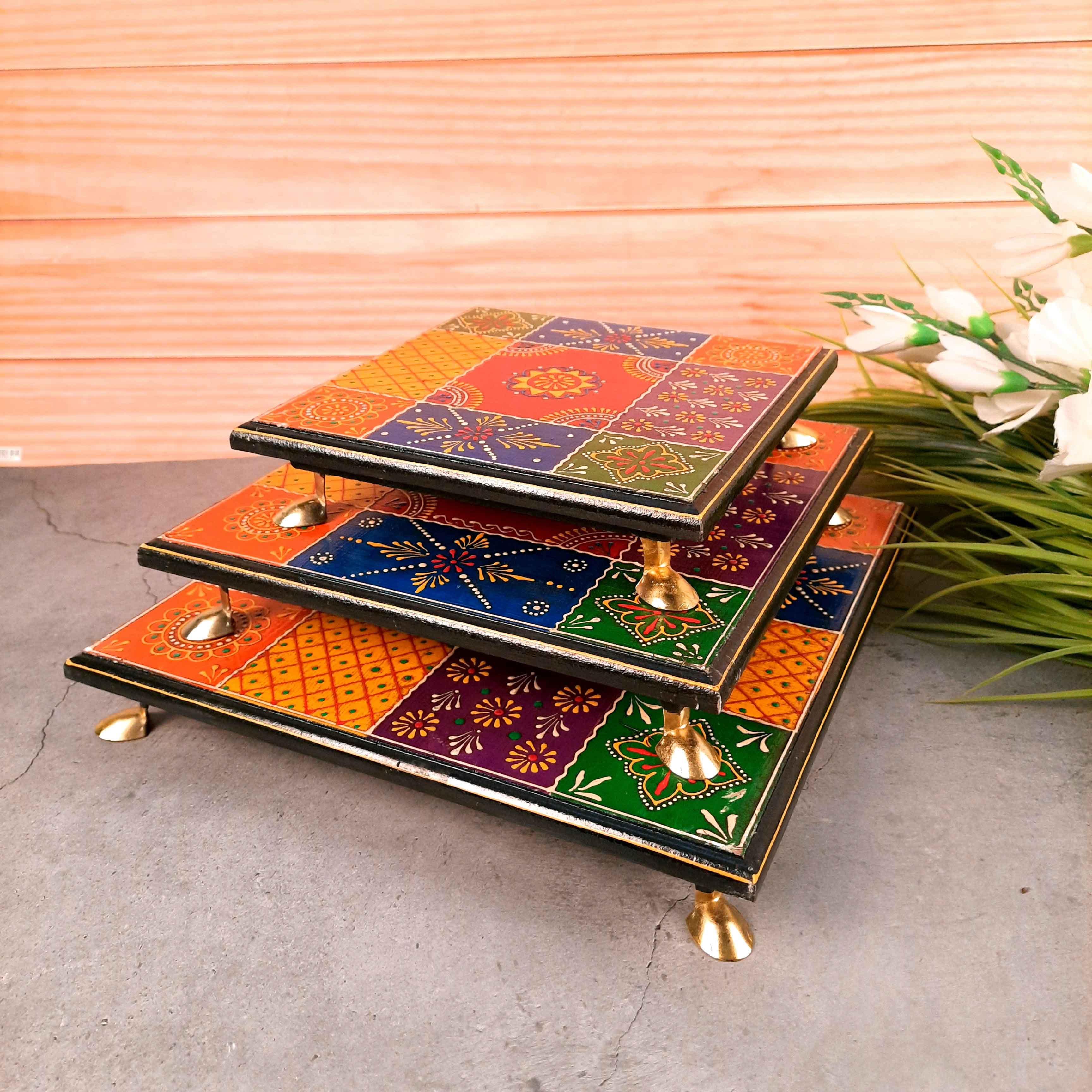 Puja Chowki Bajot | Wooden Chauki - For Pooja & Gifts - 8,10 & 12 Inch - Set of 3 - Apkamart #Style_Design 2