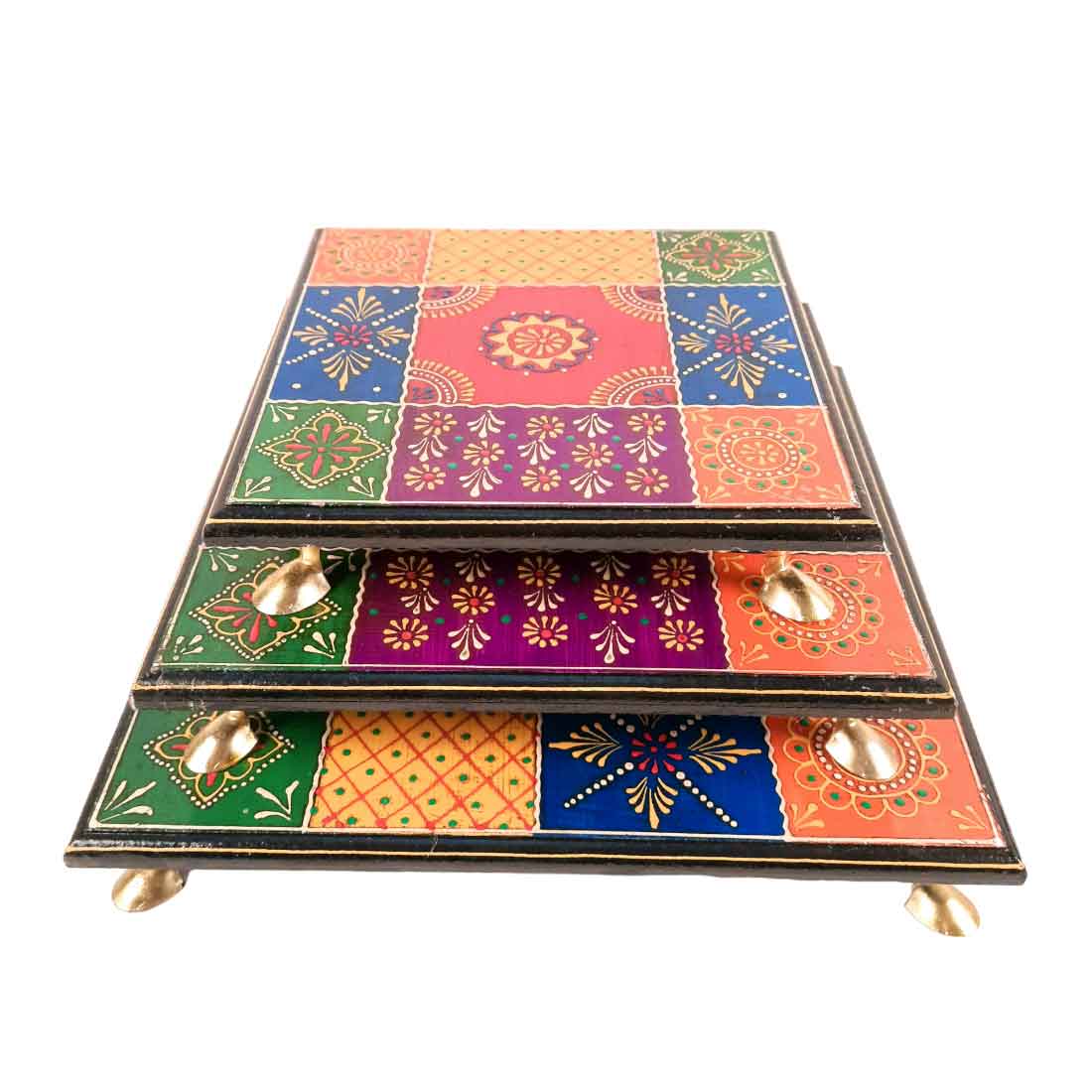 Puja Chowki Bajot | Wooden Chauki - For Pooja & Gifts - 8,10 & 12 Inch - Set of 3 - Apkamart #Style_Design 2