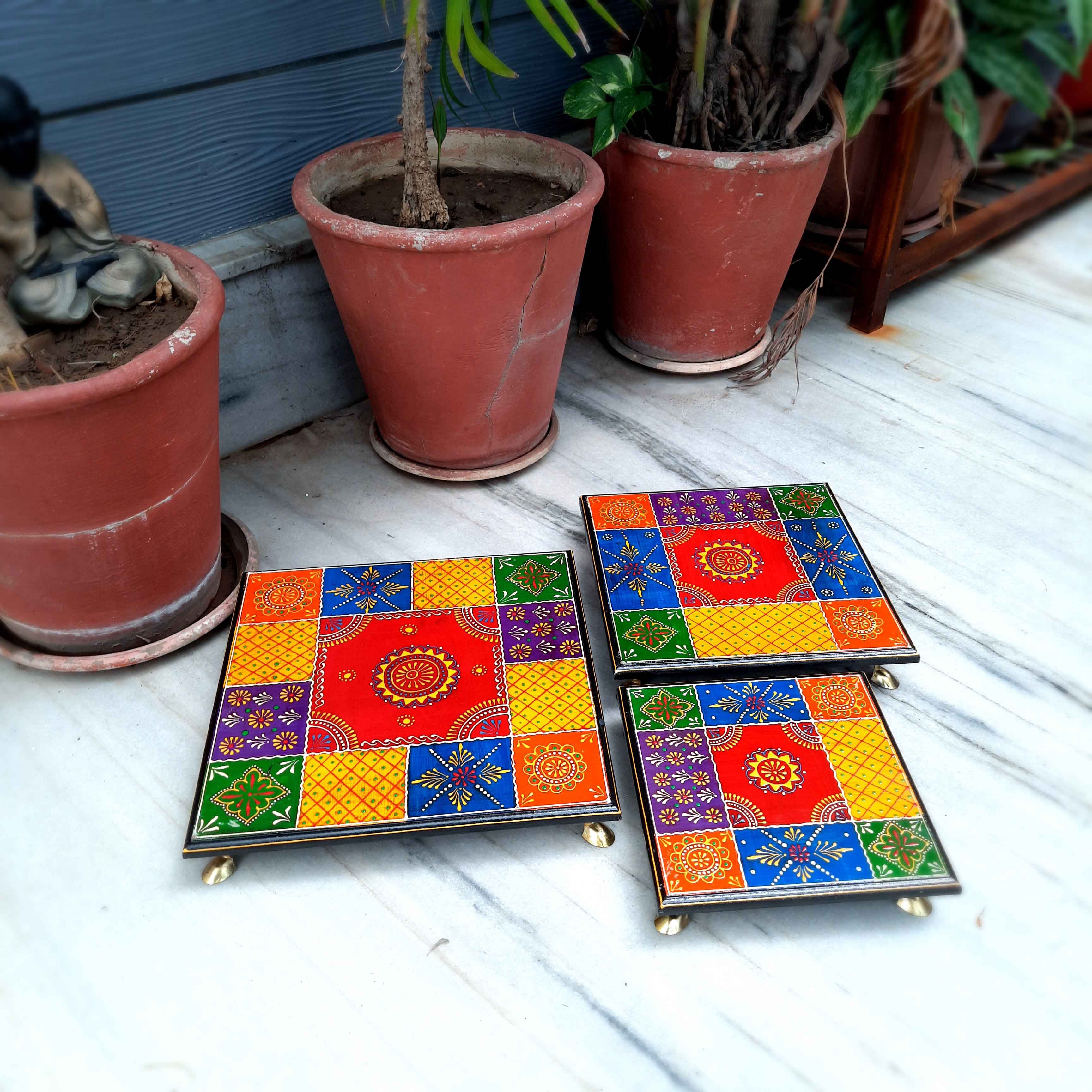 Puja Chowki Bajot | Wooden Chauki - For Pooja & Gifts - 8,10 & 12 Inch - Set of 3 - Apkamart #Style_Design 2