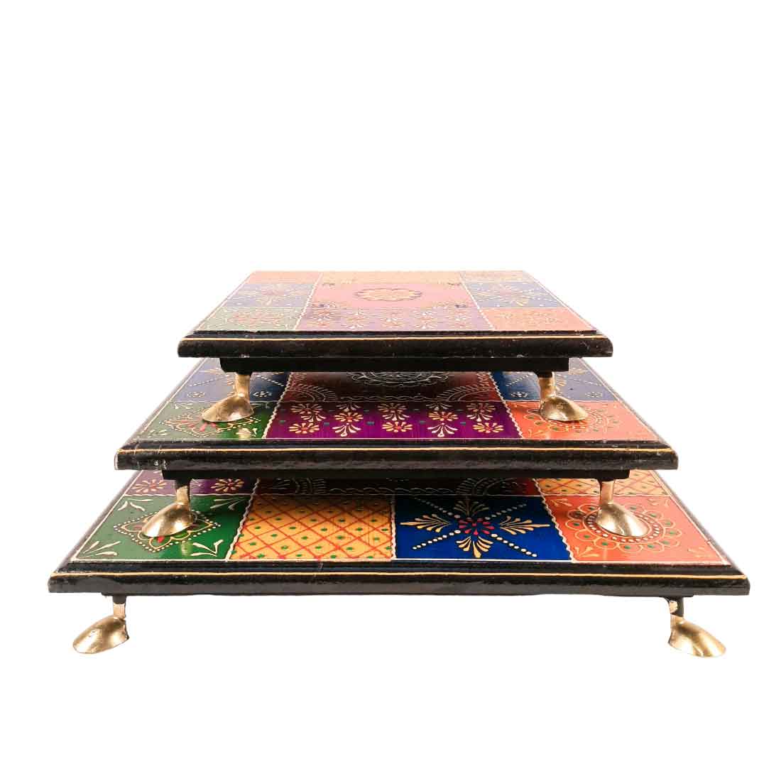 Puja Chowki Bajot | Wooden Chauki - For Pooja & Gifts - 8,10 & 12 Inch - Set of 3 - Apkamart #Style_Design 2