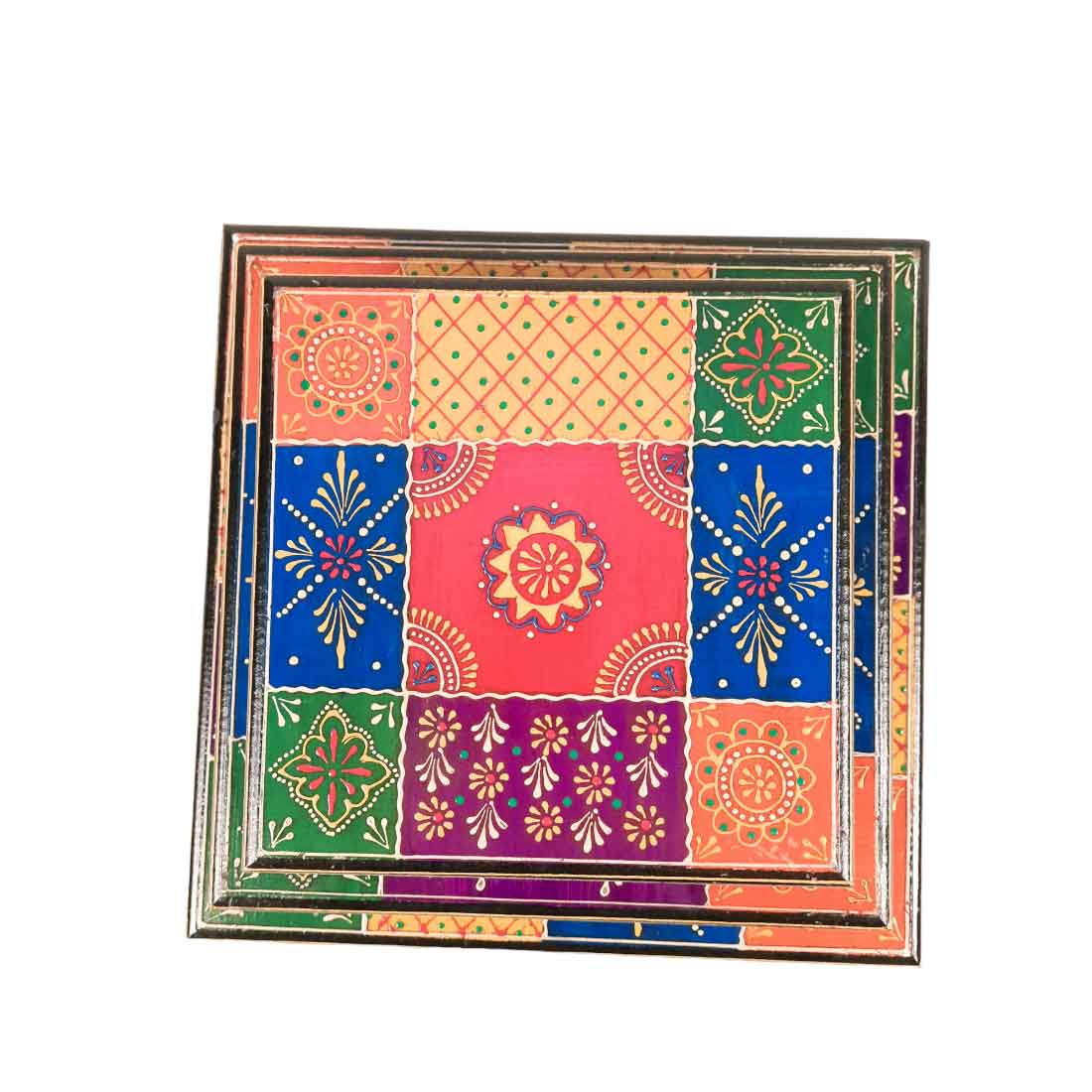 Puja Chowki Bajot | Wooden Chauki - For Pooja & Gifts - 8,10 & 12 Inch - Set of 3 - Apkamart #Style_Design 2