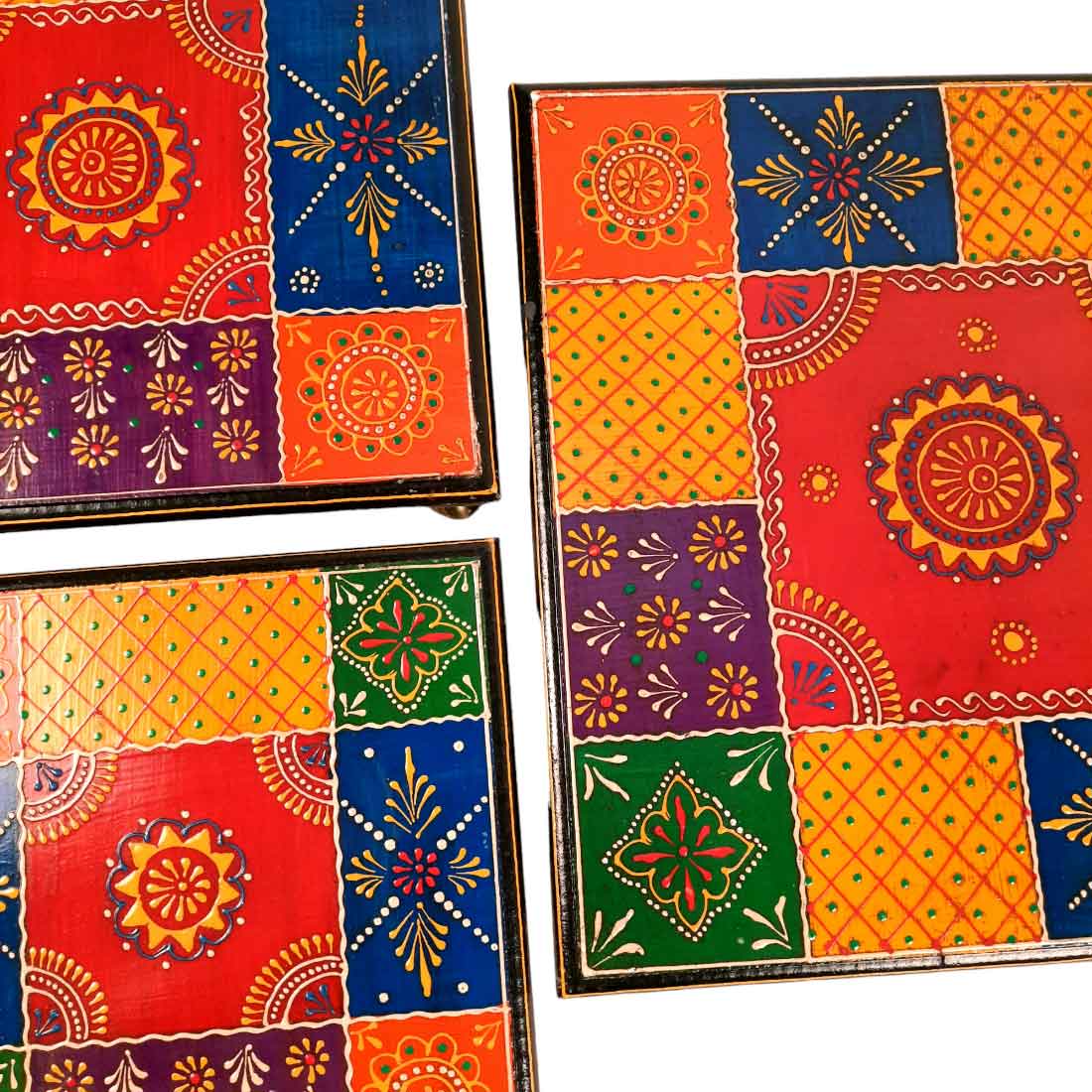 Puja Chowki Bajot | Wooden Chauki - For Pooja & Gifts - 8,10 & 12 Inch - Set of 3 - Apkamart #Style_Design 2