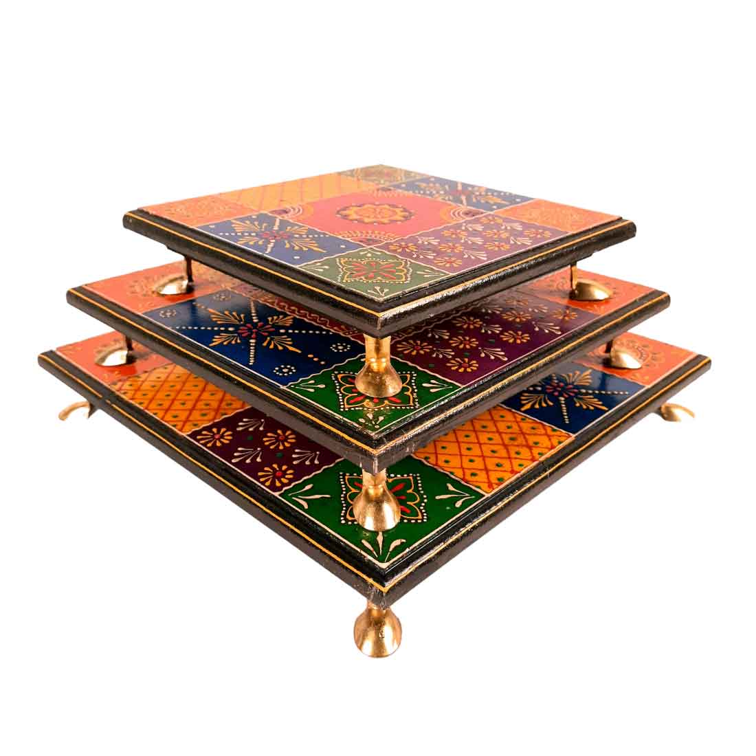 Puja Chowki Bajot | Wooden Chauki - For Pooja & Gifts - 8,10 & 12 Inch - Set of 3 - Apkamart #Style_Design 2