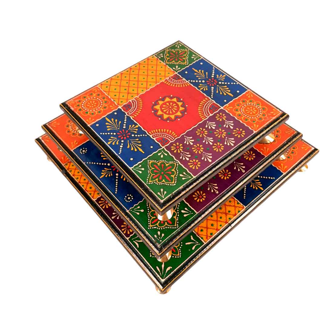 Puja Chowki Bajot | Wooden Chauki - For Pooja & Gifts - 8,10 & 12 Inch - Set of 3 - Apkamart #Style_Design 2