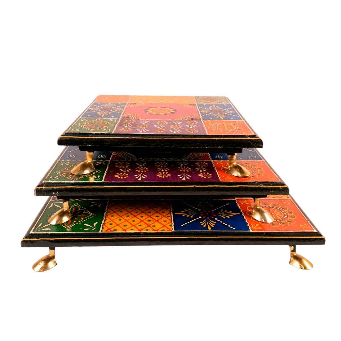 Puja Chowki Bajot | Wooden Chauki - For Pooja & Gifts - 8,10 & 12 Inch - Set of 3 - Apkamart #Style_Design 2
