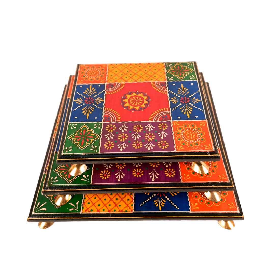 Puja Chowki Bajot | Wooden Chauki - For Pooja & Gifts - 8,10 & 12 Inch - Set of 3 - Apkamart #Style_Design 2