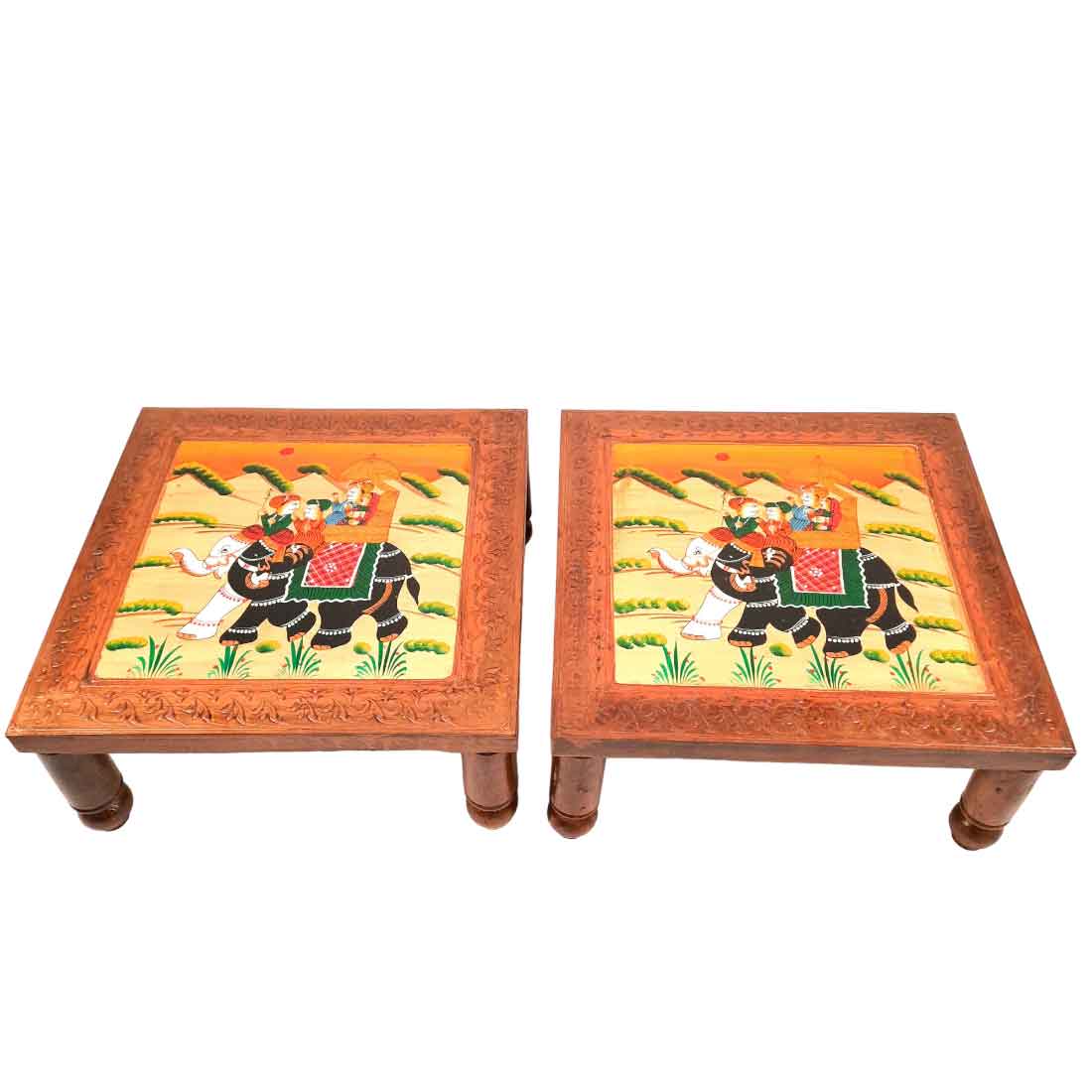Wooden Bajot | Chowki with Handpainting - For Sitting & Home Decor -15 Inch - ApkaMart #style_Pack of 2