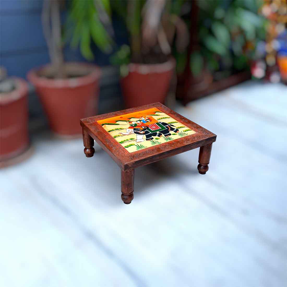 Wooden Bajot | Chowki with Handpainting - For Sitting & Home Decor -15 Inch - ApkaMart #style_Pack of 2