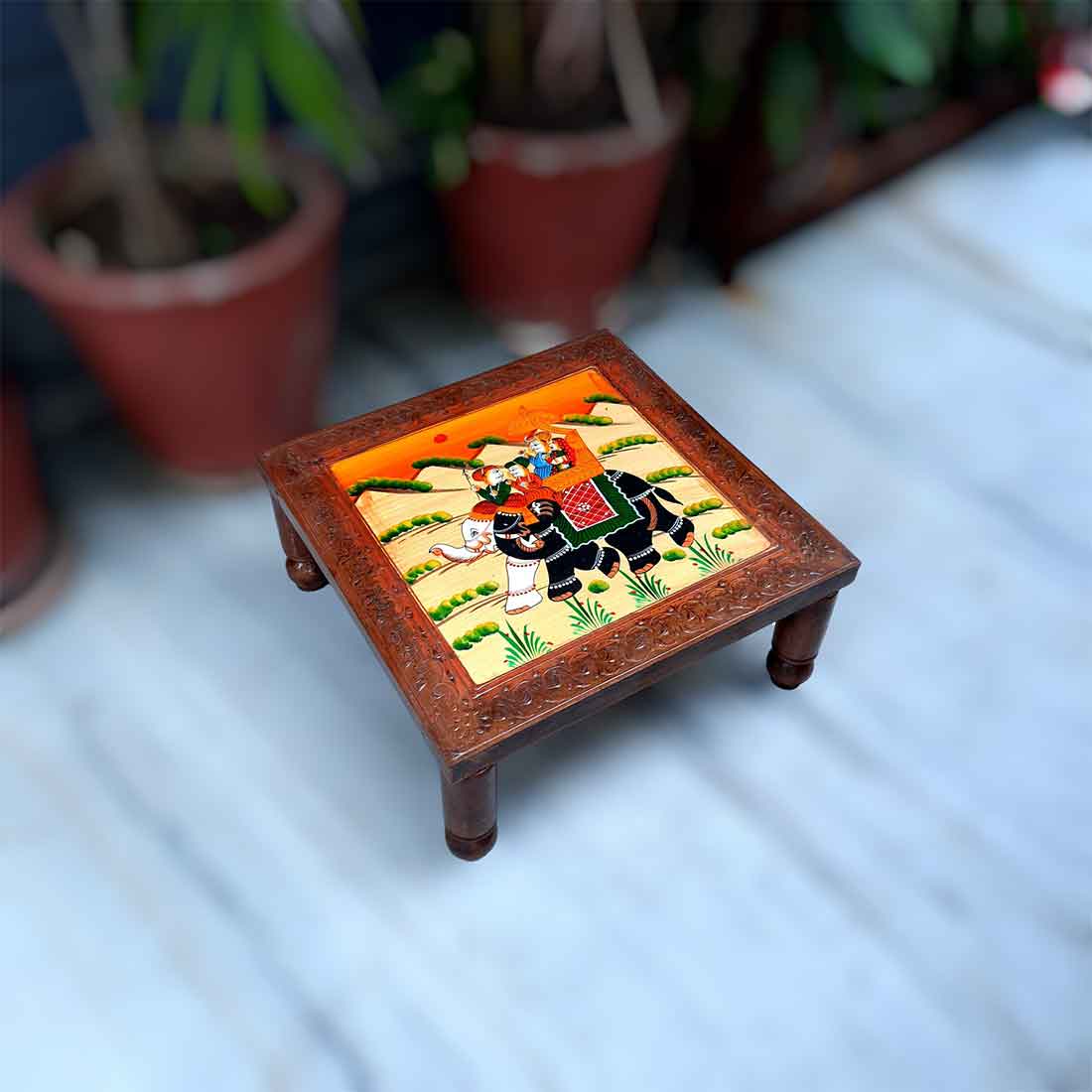 Wooden Bajot | Chowki with Handpainting - For Sitting & Home Decor -15 Inch - ApkaMart #style_Pack of 1
