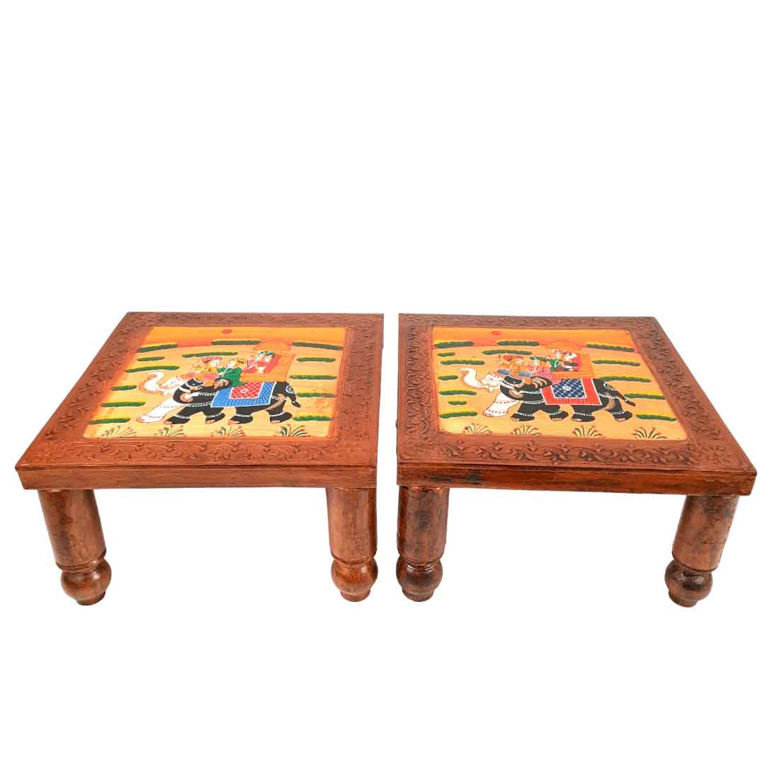 Wooden Bajot | Chowki Table - For Home Decor & Sitting - 12 Inch - Apkamart #Style_Pack of 2