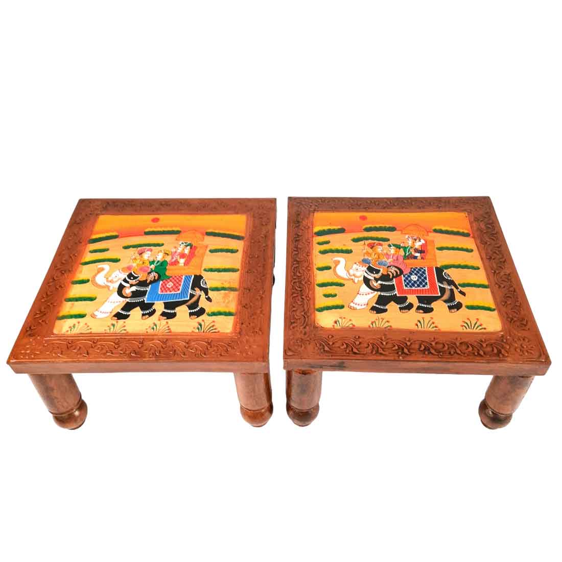 Wooden Bajot | Chowki Table - For Home Decor & Sitting - 12 Inch - Apkamart #Style_Pack of 2