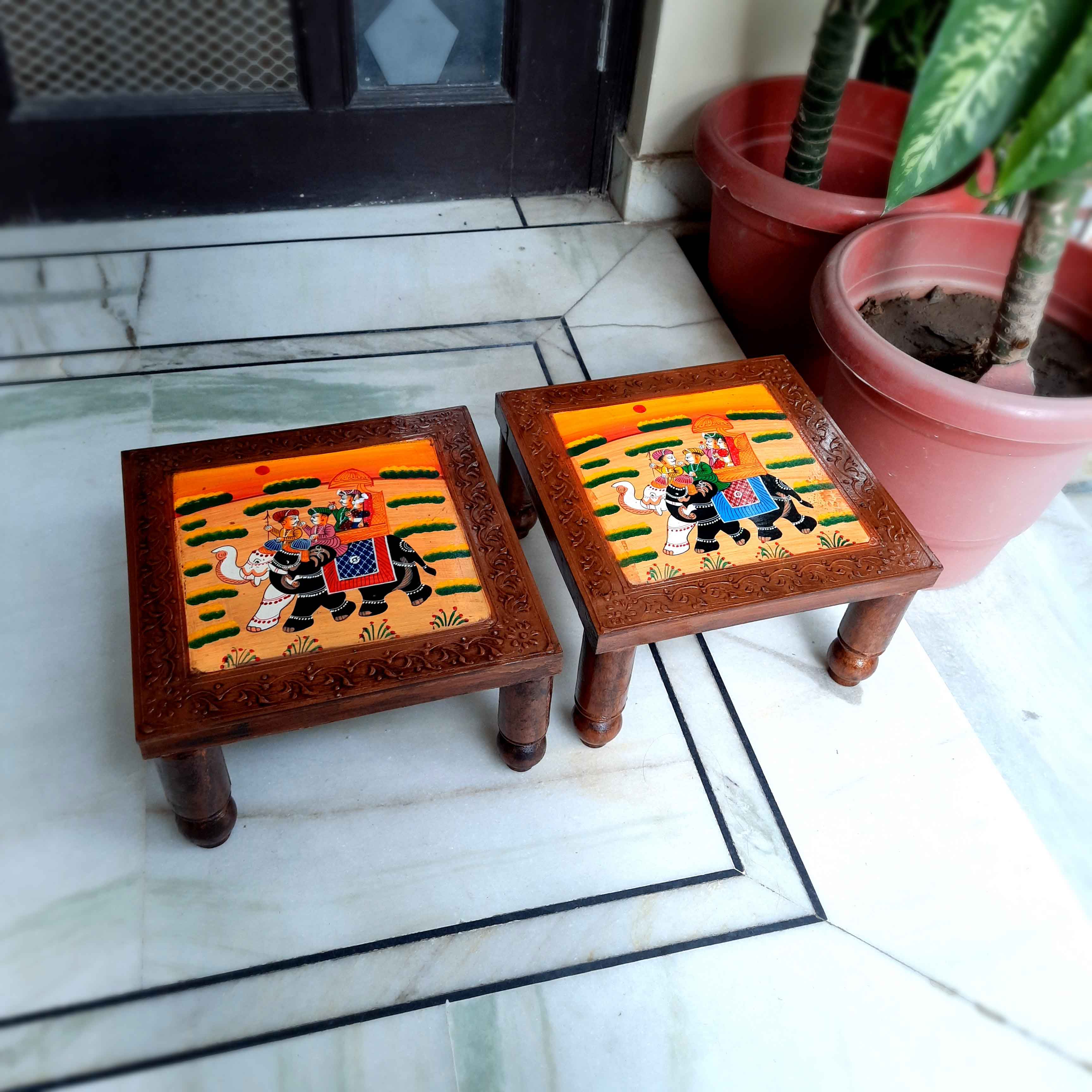 Wooden Bajot | Chowki Table - For Home Decor & Sitting - 12 Inch - Apkamart #Style_Pack of 2