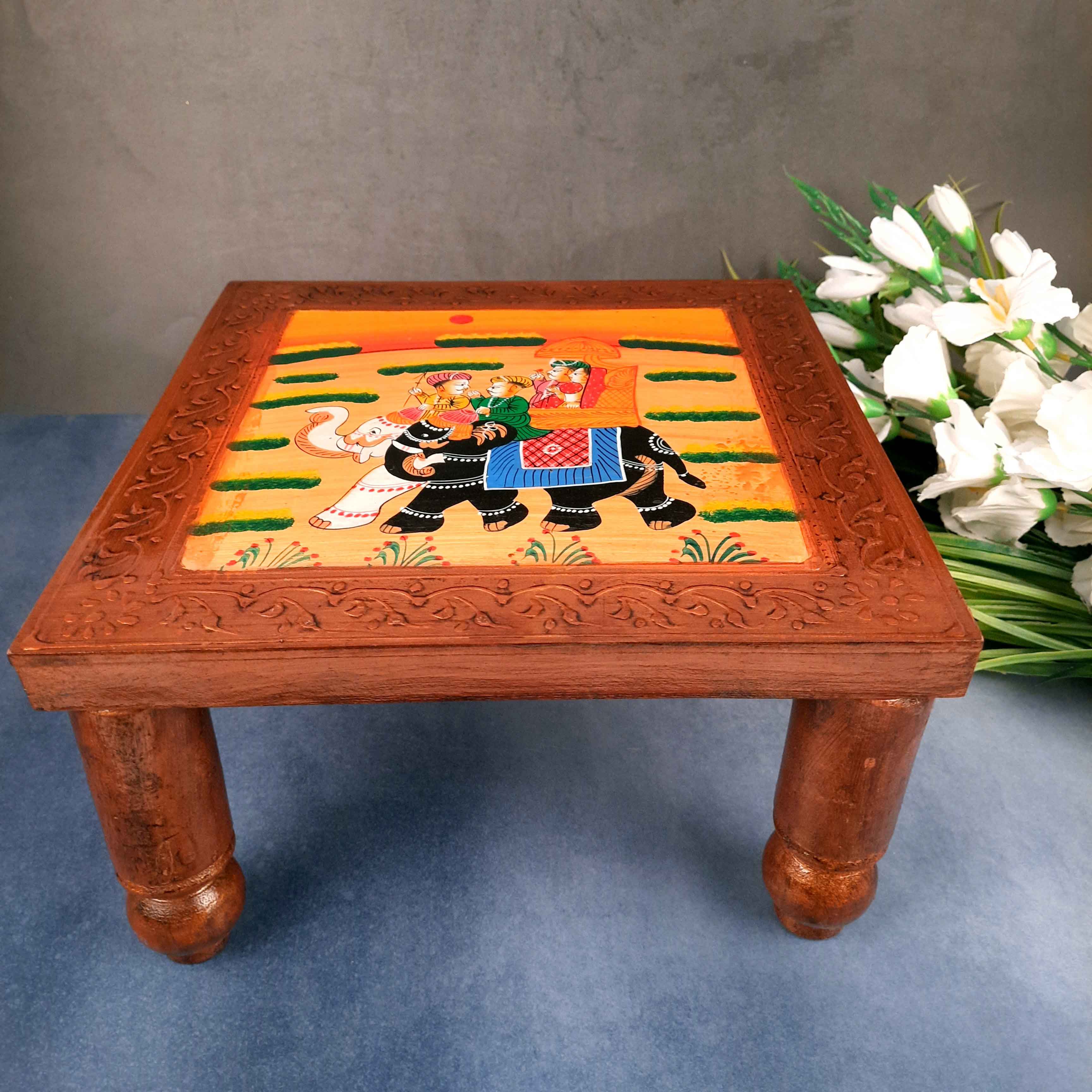 Wooden Bajot | Chowki Table - For Home Decor & Sitting - 12 Inch - Apkamart #Style_Pack of 2