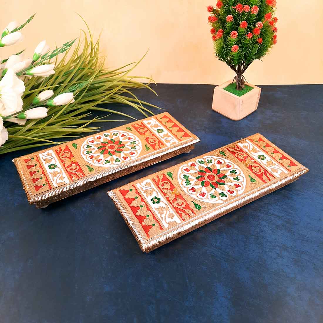 Pooja Chowki Bajot | Minakari Patla Set - For Pooja, Weddings & Festivals - 12 Inch - Apkamart #style_Pack of 2