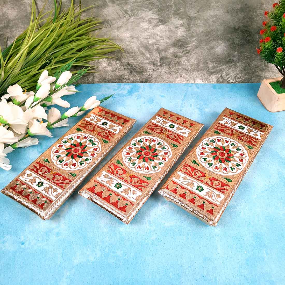 Pooja Chowki Bajot | Minakari Patla Set - For Pooja, Weddings & Festivals - 12 Inch - Apkamart #style_Pack of 3