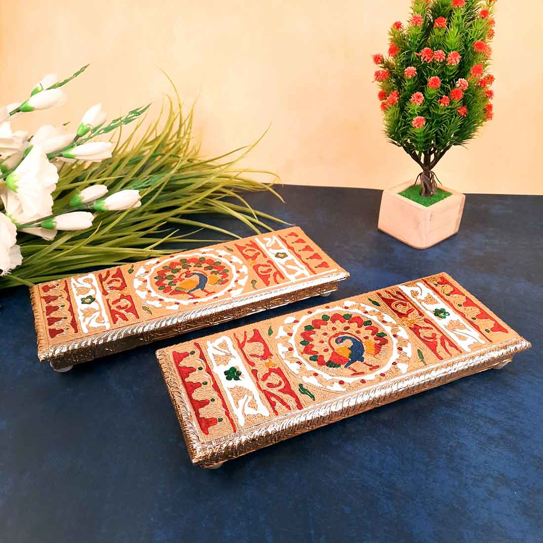 Pooja Chowki Bajot | Peacock Design Minakari Patla Set - Apkamart #Style_pack of 2