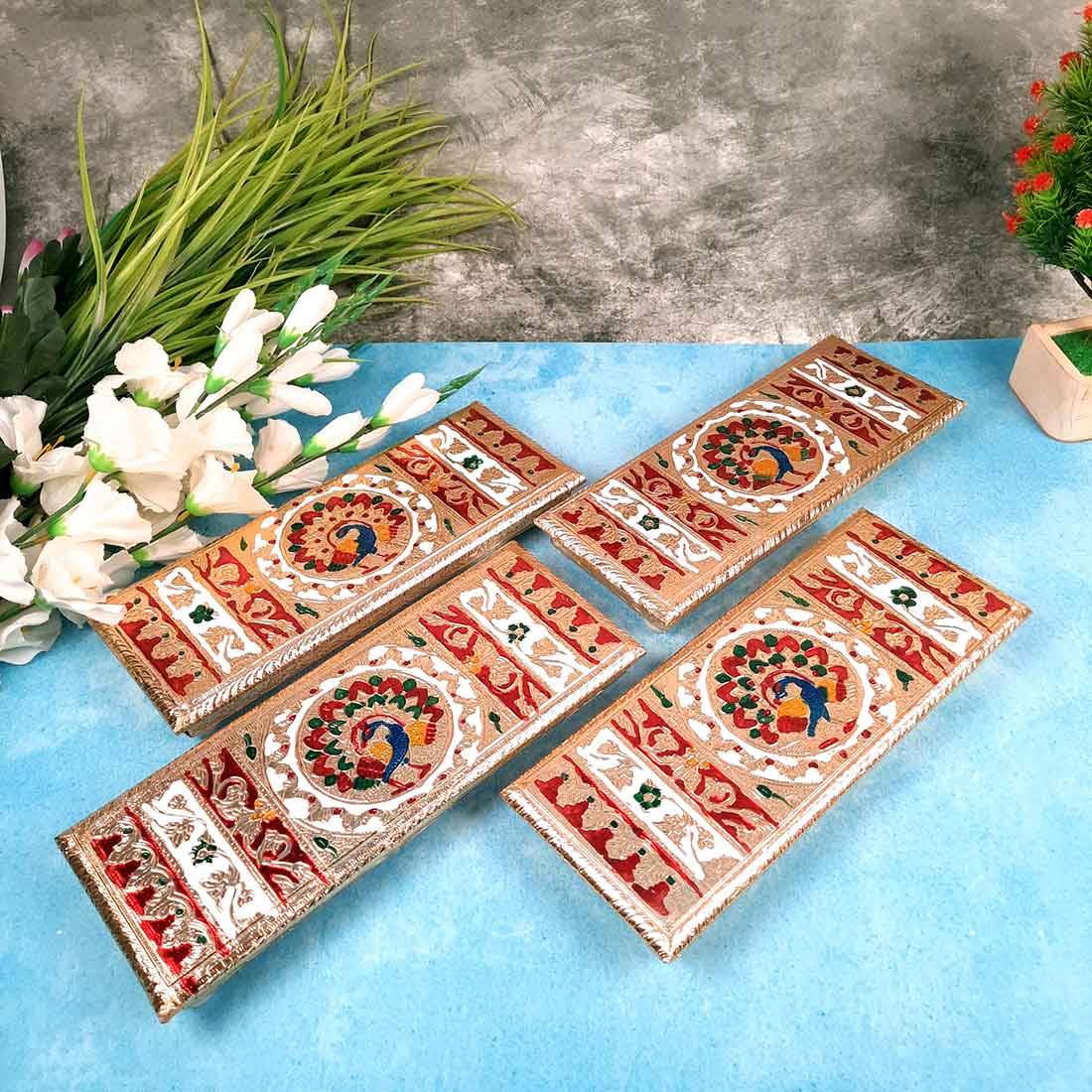 Pooja Chowki Bajot | Peacock Design Minakari Patla Set - Apkamart #Style_pack of 4