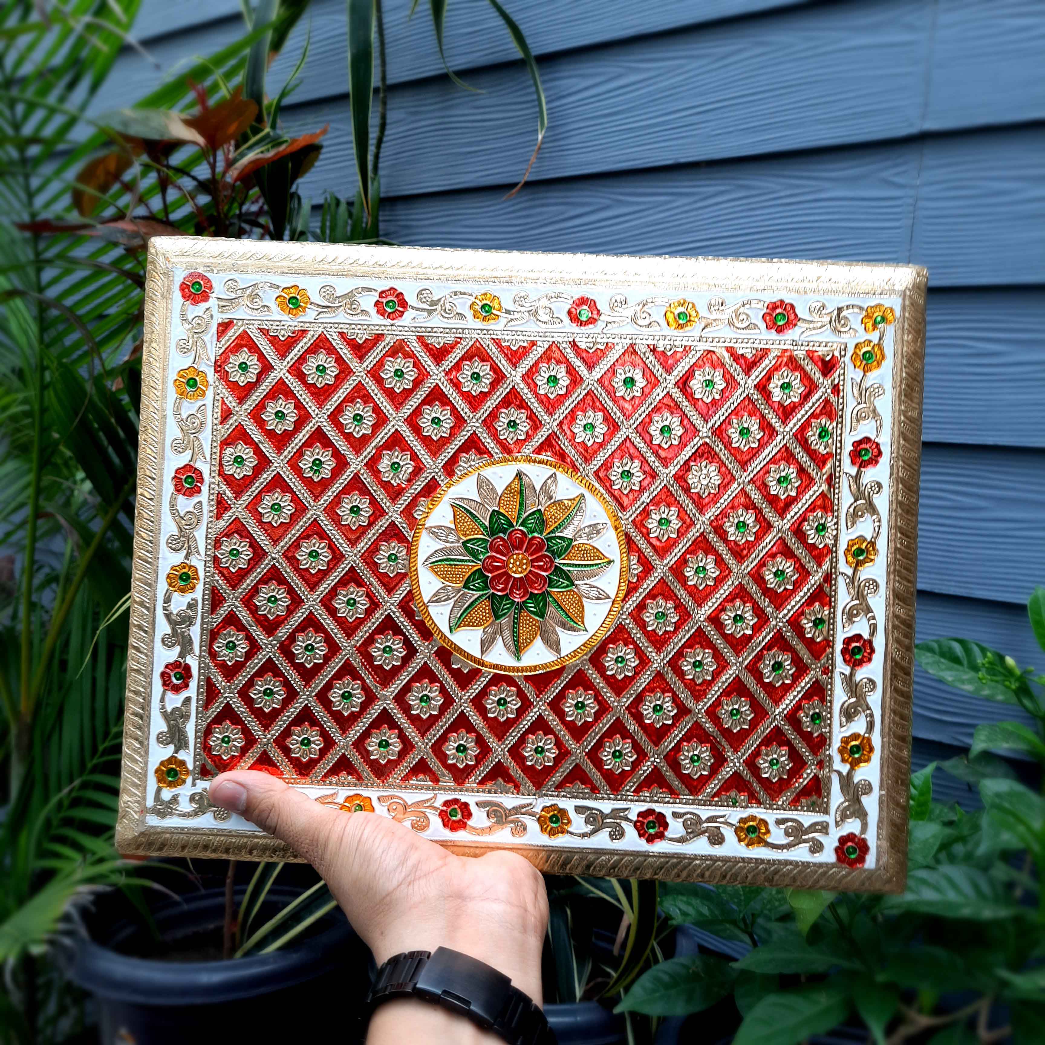 Pooja Patla Chowki | Minakari Patta - For Pooja, Weddings & Festivals - 15 Inch - Apkamart #Style_Flower Design