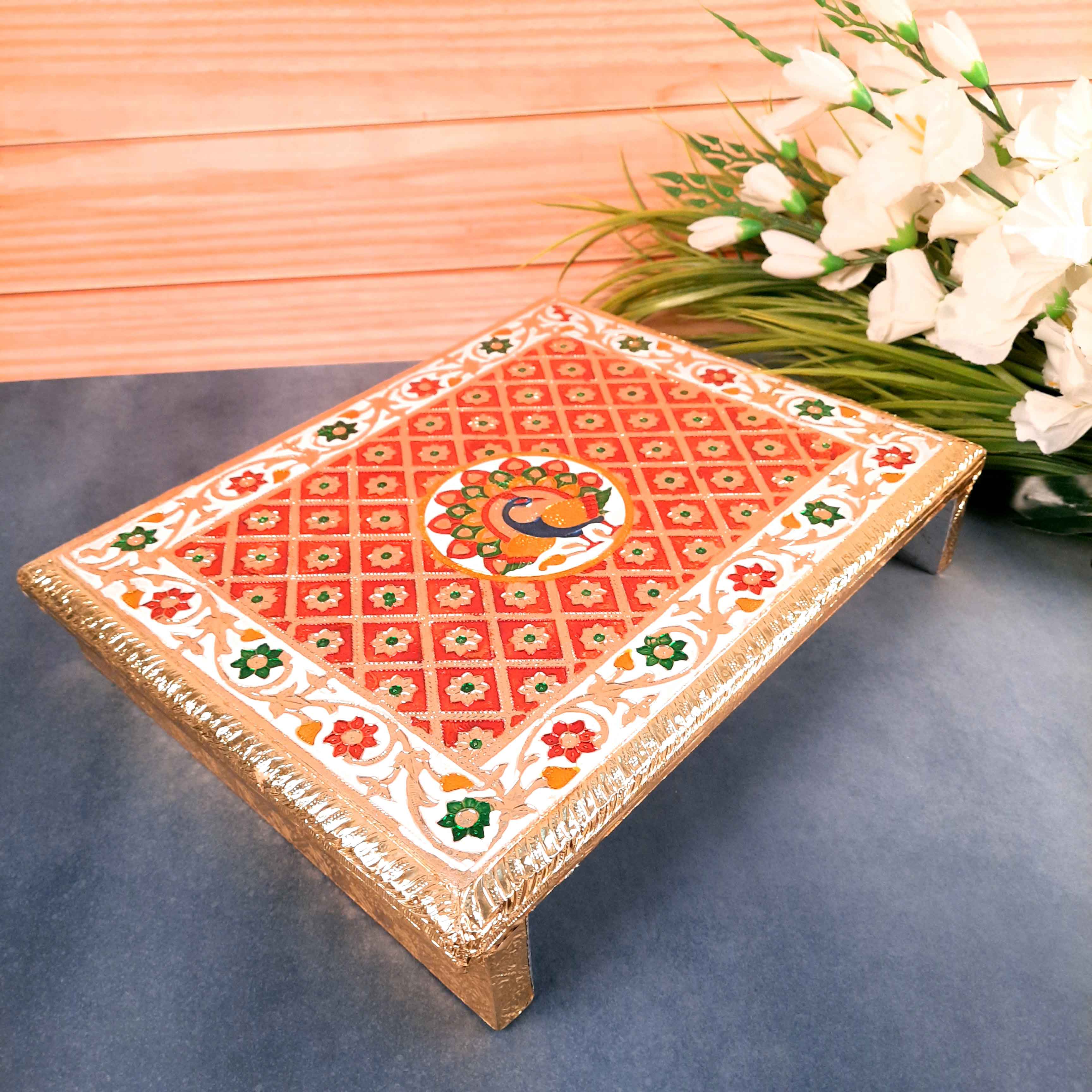 Pooja Patla Chowki | Minakari Patta - For Pooja, Weddings & Festivals - 15 Inch - Apkamart #Style_Peacock Design