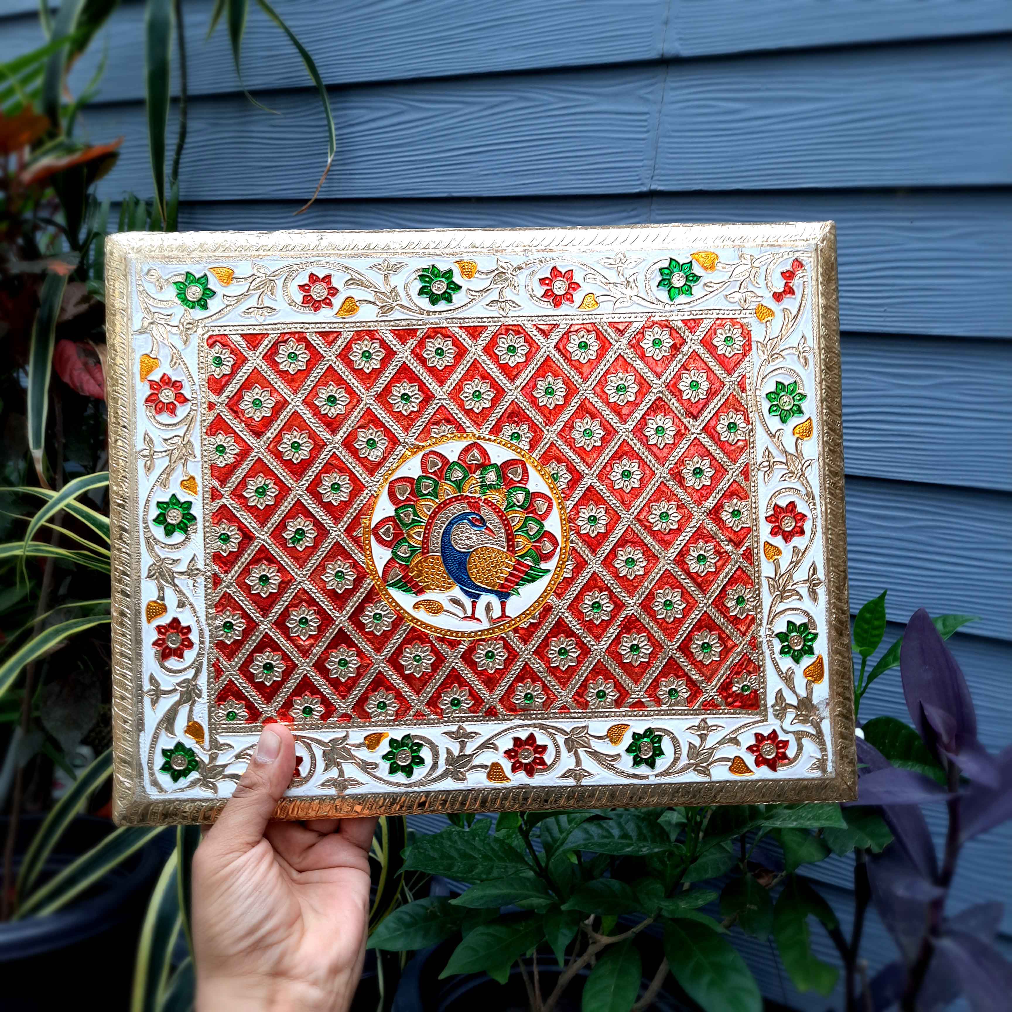 Pooja Patla Chowki | Minakari Patta - For Pooja, Weddings & Festivals - 15 Inch - Apkamart #Style_Peacock Design