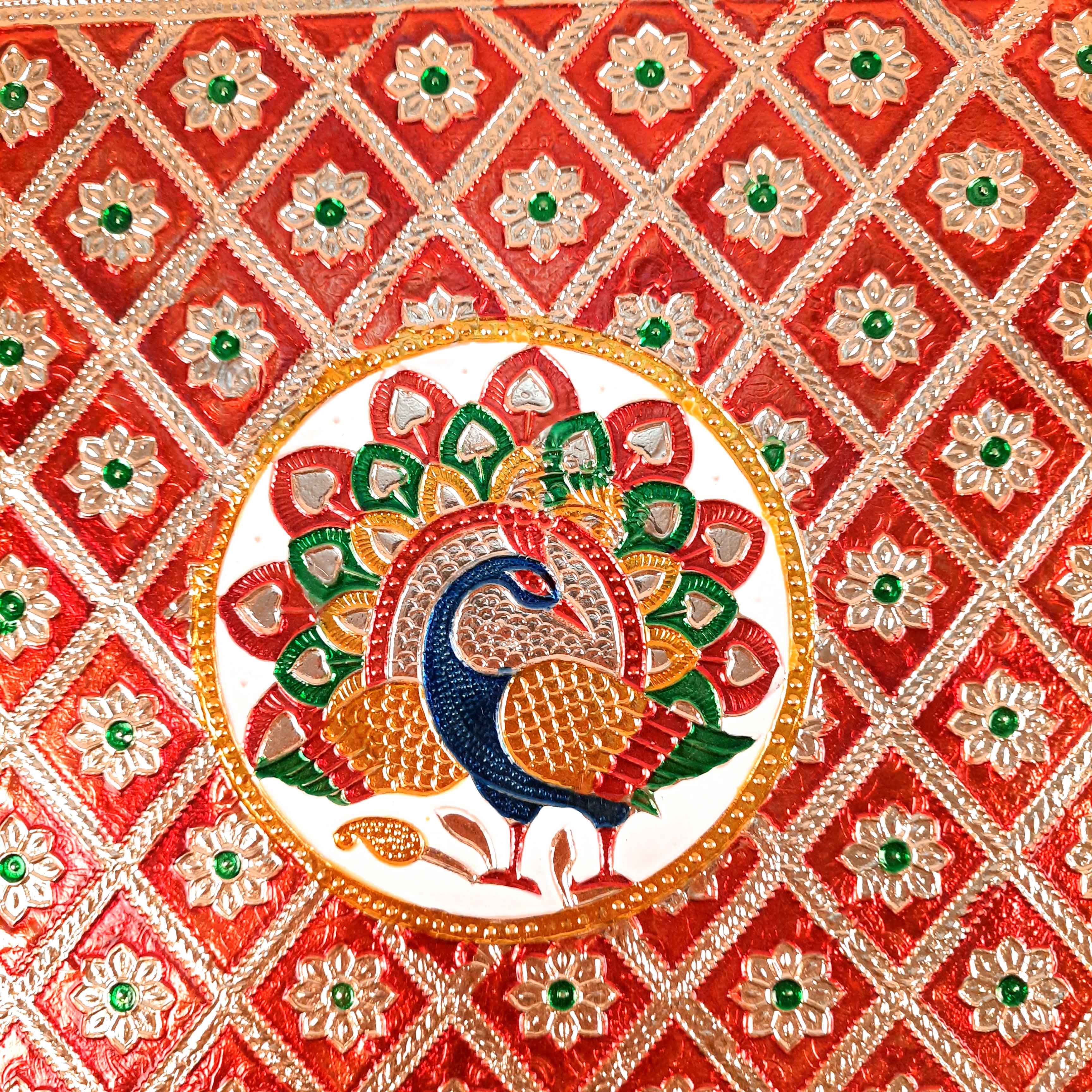 Pooja Patla Chowki | Minakari Patta - For Pooja, Weddings & Festivals - 15 Inch - Apkamart #Style_Peacock Design