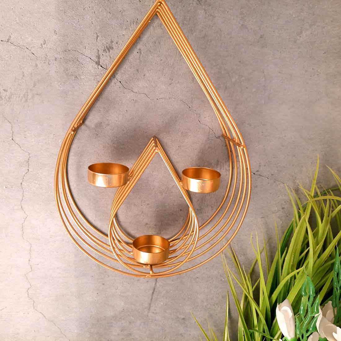 Wall Mount Tea Light Holder | Golden T Light Hanging with 3 T Light Slots - For Wall & Home Decor & Gifts - 22 Inch - Apkamart