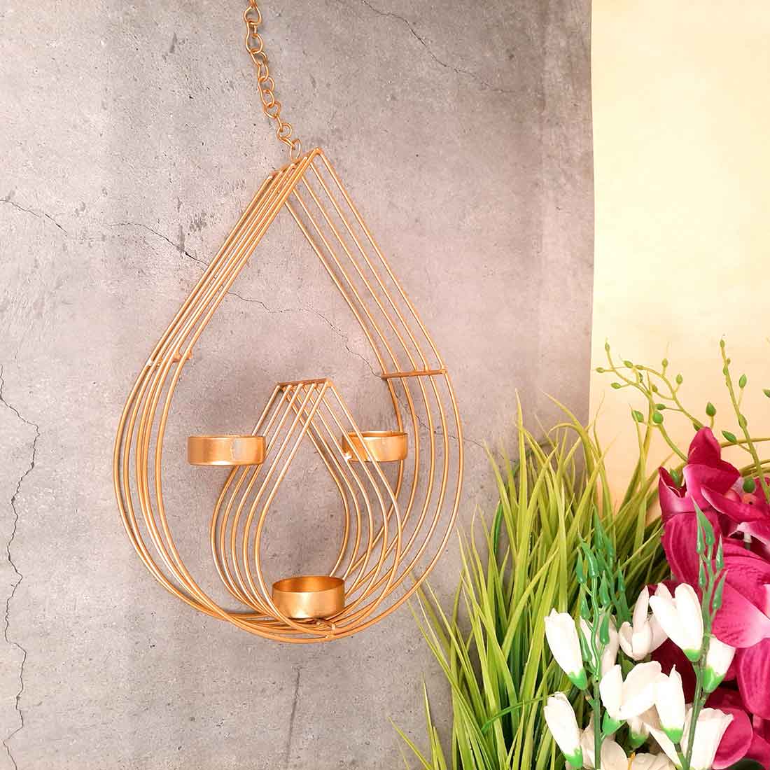Wall Mount Tea Light Holder | Golden T Light Hanging with 3 T Light Slots - For Wall & Home Decor & Gifts - 22 Inch - Apkamart