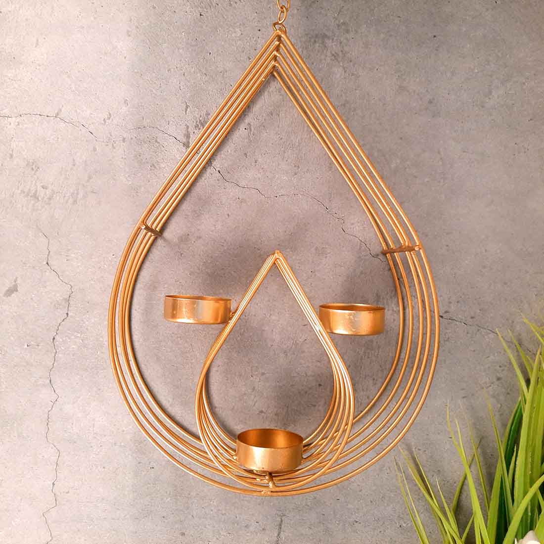 Wall Mount Tea Light Holder | Golden T Light Hanging with 3 T Light Slots - For Wall & Home Decor & Gifts - 22 Inch - Apkamart