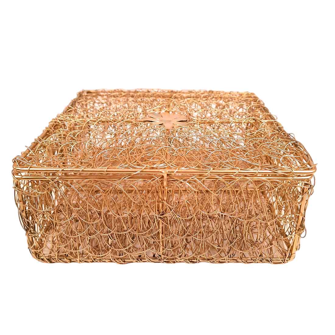 Mesh Wire Box With Lid | Multipurpose Golden Box - For Home Decor, Wedding Gift, Shagun Basket - 9 Inch Apkamart