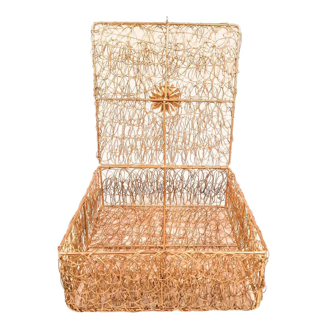 Mesh Wire Box With Lid | Multipurpose Golden Box - For Home Decor, Wedding Gift, Shagun Basket - 9 Inch Apkamart