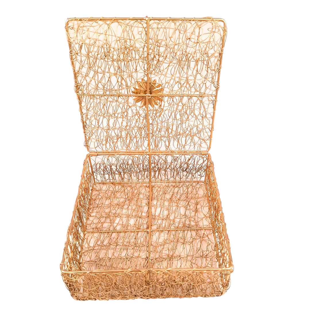 Mesh Wire Box With Lid | Multipurpose Golden Box - For Home Decor, Wedding Gift, Shagun Basket - 9 Inch Apkamart