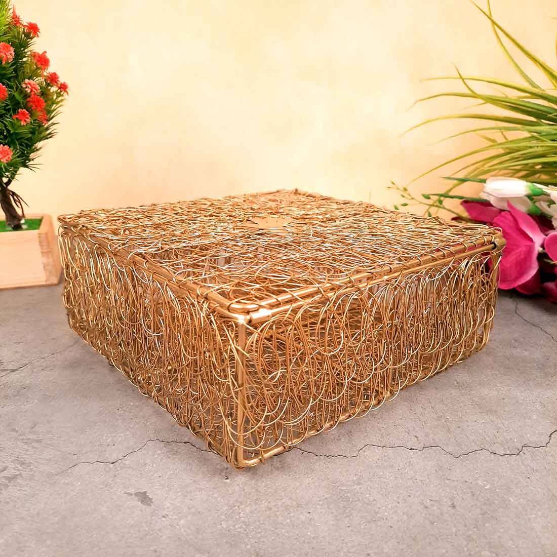 Mesh Wire Box With Lid | Multipurpose Golden Box - For Home Decor, Wedding Gift, Shagun Basket - 9 Inch Apkamart