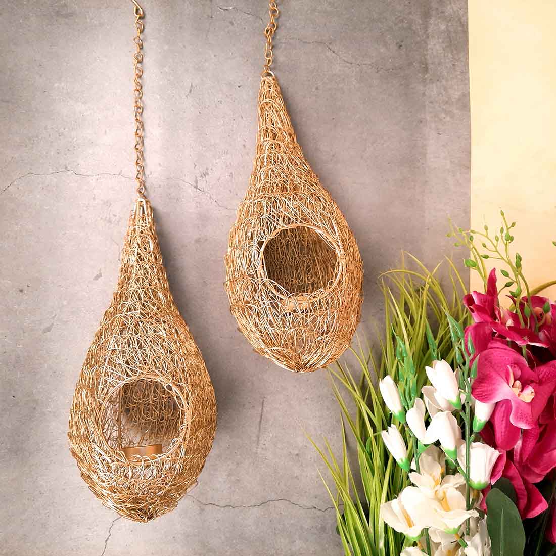 Hanging Tea Light Holder | Bird Nest Design Wall Votive - For Home Decor & Gifts - 11 Inch - apkamart #Style_pack of 2
