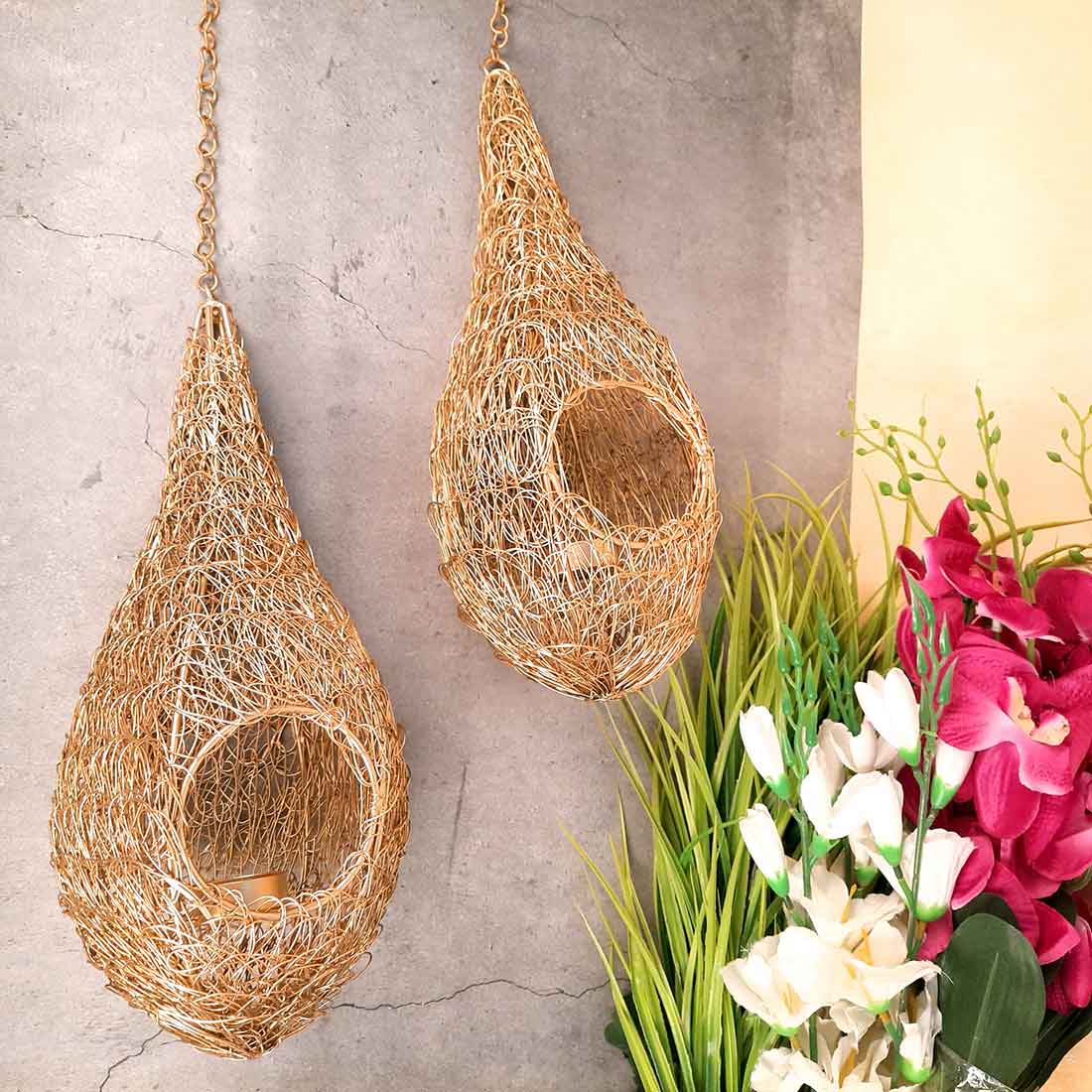 Hanging Tea Light Holder | Bird Nest Design Wall Votive - For Home Decor & Gifts - 11 Inch - apkamart #Style_pack of 2