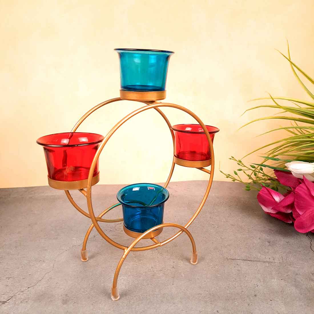 Tea Light Holder with 4 Glass Cups & Candle Holder Stand - For Home Decor, Table Decor & Gifts - 9 Inch - Apkamart