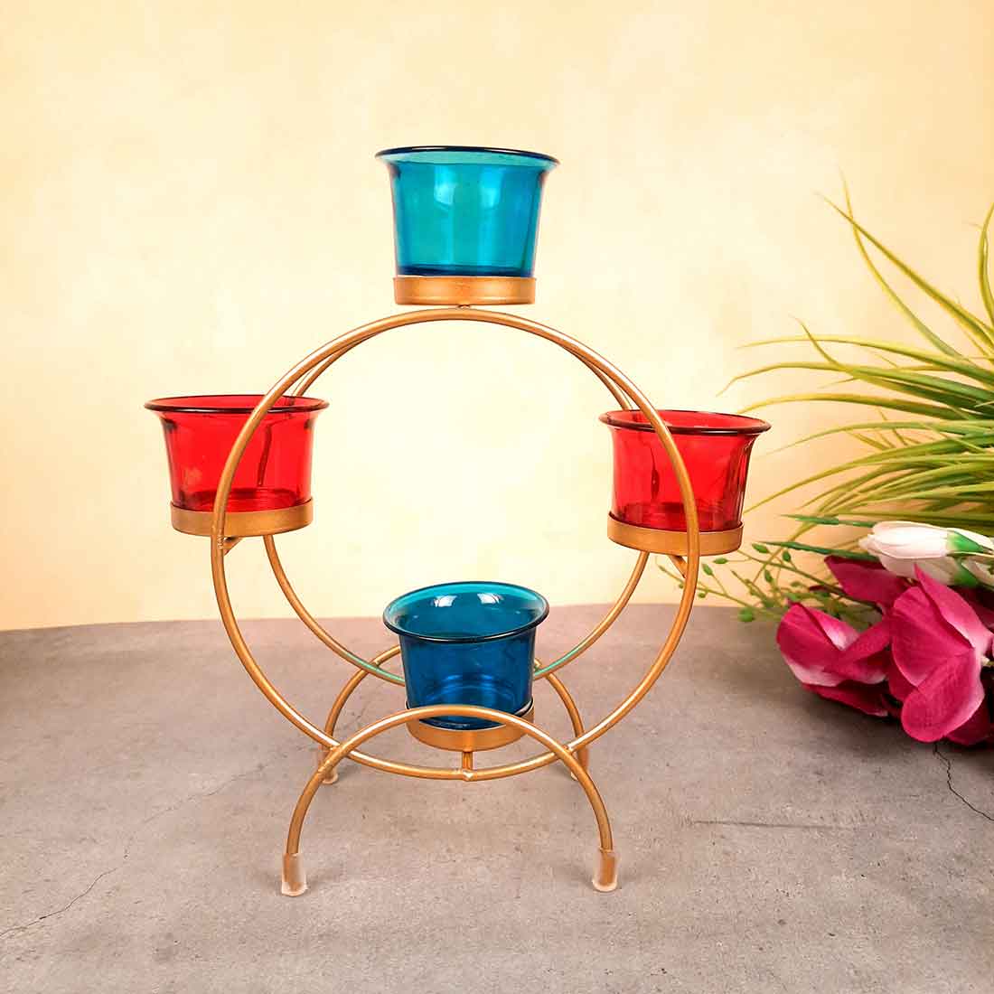 Tea Light Holder with 4 Glass Cups & Candle Holder Stand - For Home Decor, Table Decor & Gifts - 9 Inch - Apkamart