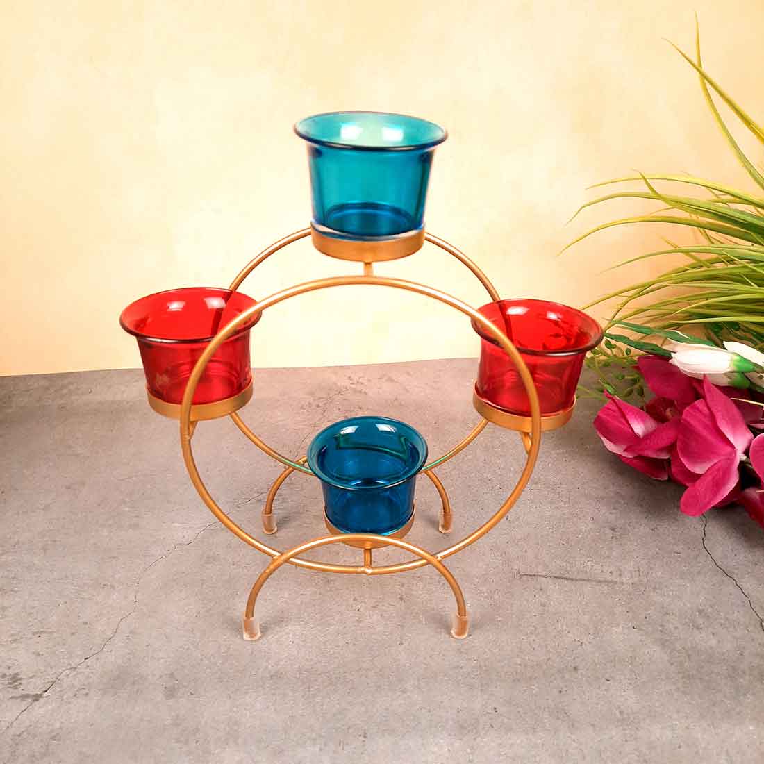 Tea Light Holder with 4 Glass Cups & Candle Holder Stand - For Home Decor, Table Decor & Gifts - 9 Inch - Apkamart