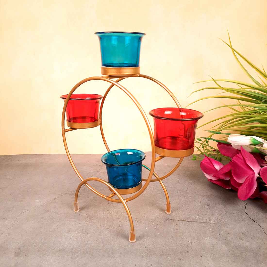 Tea Light Holder with 4 Glass Cups & Candle Holder Stand - For Home Decor, Table Decor & Gifts - 9 Inch - Apkamart