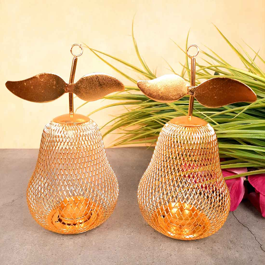 Tea Light Candle Holder | Pear Design Golden Candle Stand - For Table & Home Decor - 9 Inch - Apkamart #Style_Pack of 2