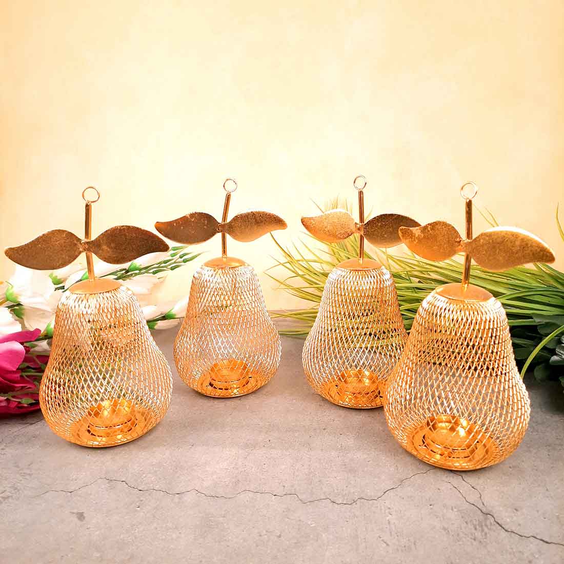 Tea Light Candle Holder | Pear Design Golden Candle Stand - For Table & Home Decor - 9 Inch - Apkamart #Style_Pack of 4